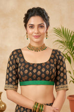Elegant Black & Gold Brocade Silk Blouse with Emerald Green Border