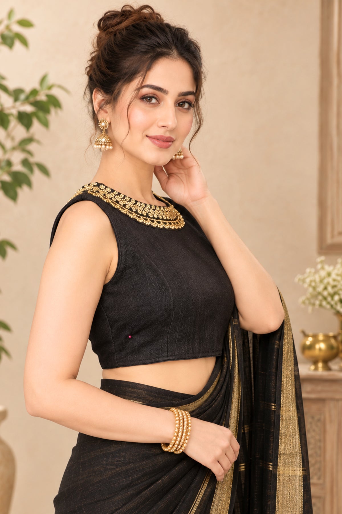 Classic Black Sleeveless Designer Blouse with Gold Zari Collar Embroidery