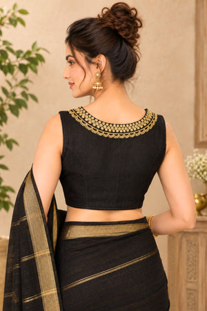 Classic Black Sleeveless Designer Blouse with Gold Zari Collar Embroidery