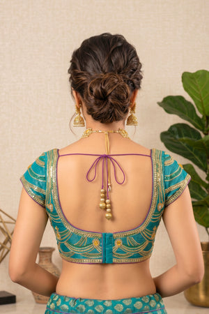 Exquisite Teal Silk Blouse with Heavy Gold & Sequin Embroidery