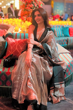 Celebrity-Inspired Metallic Silver & Black Tissue Saree