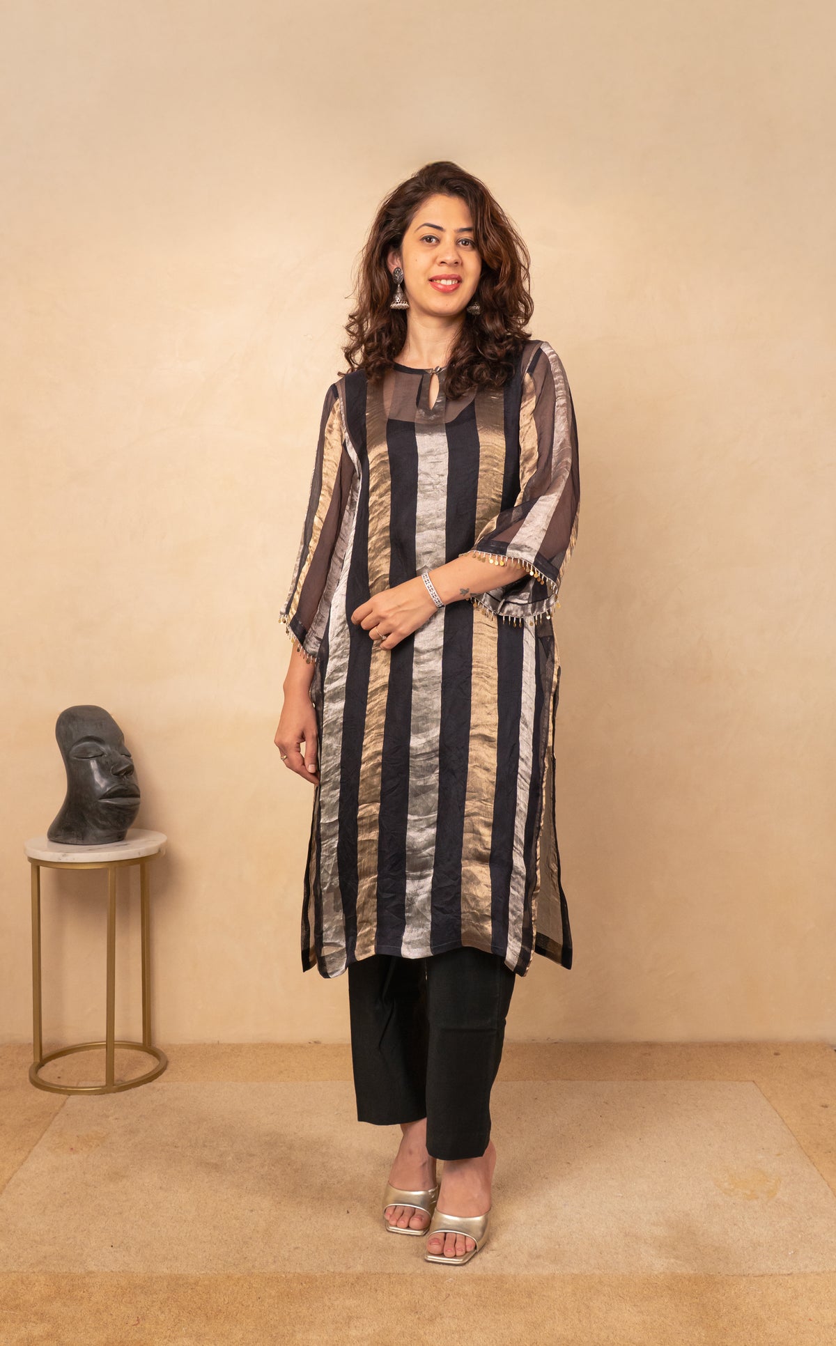 Black & Metallic Striped Organza Unstitched Suit Material by Label Tamanna