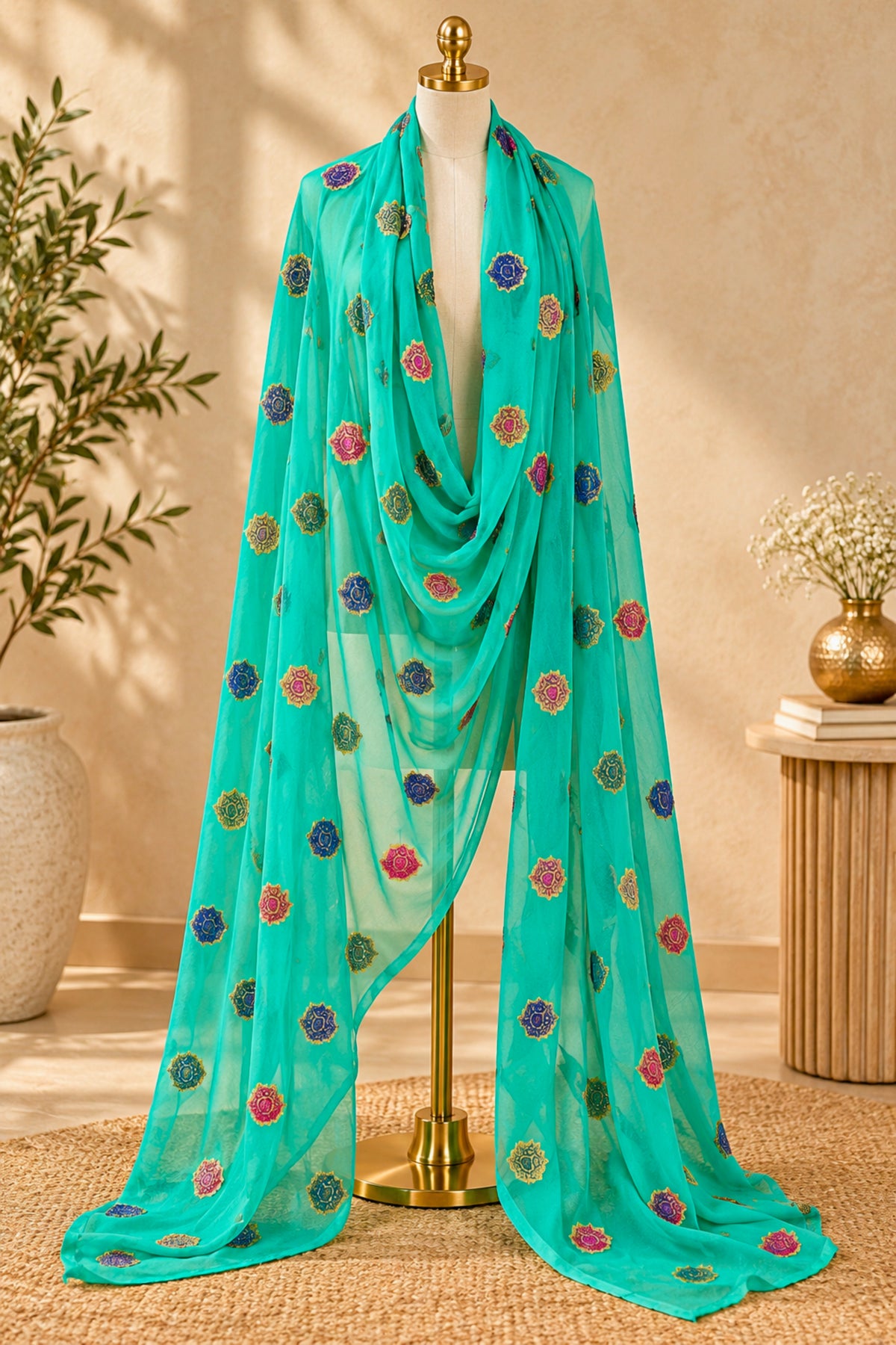 Turquoise Sea Green Banarasi Chiffon Dupatta with Resham Woven Bootas