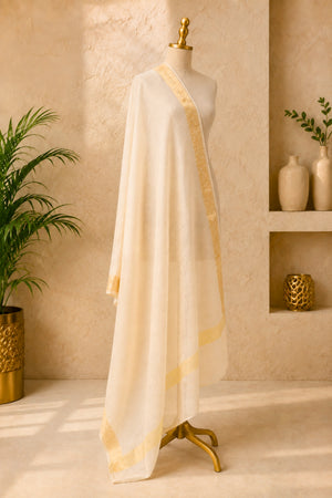 Off-White Moonga Silk Dupatta with Gold Banarasi Zari Border by Label Tamanna