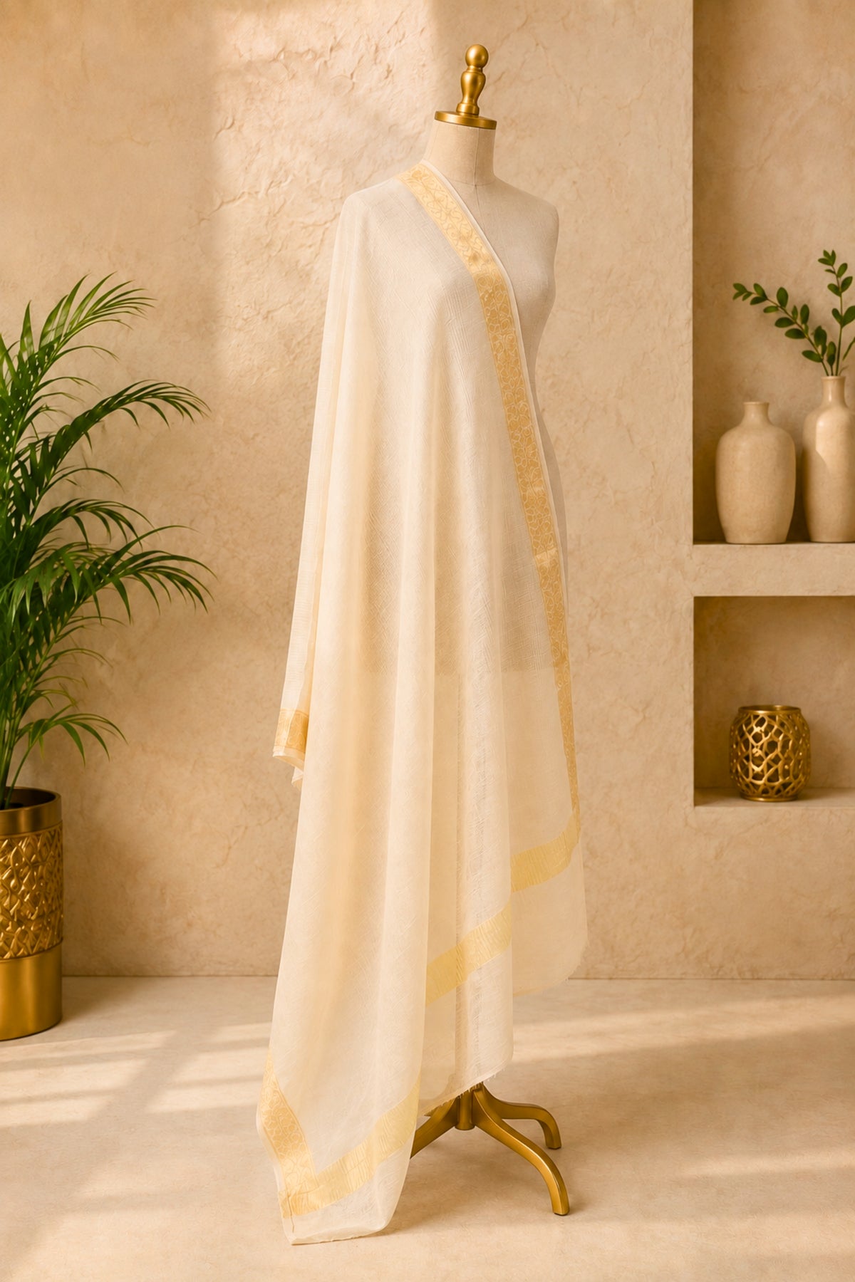 Off-White Moonga Silk Dupatta with Gold Banarasi Zari Border by Label Tamanna