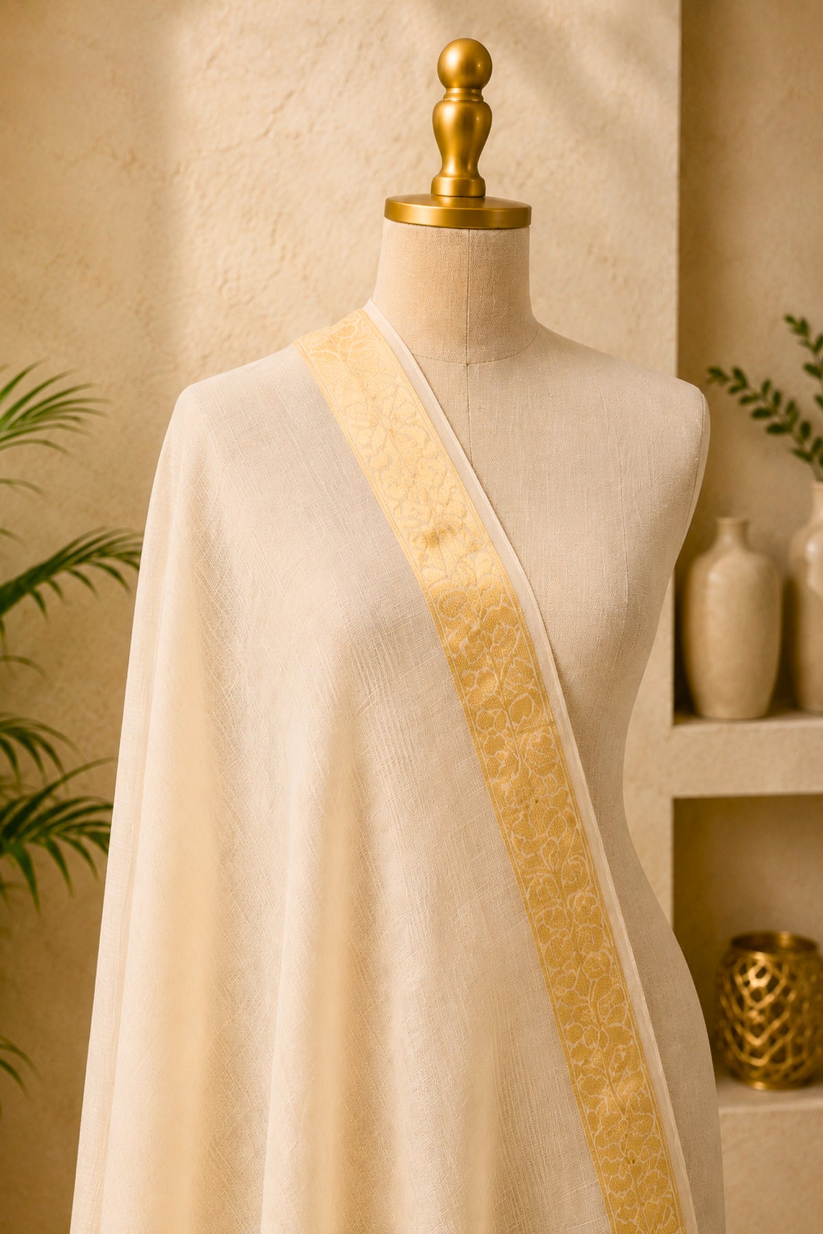 Off-White Moonga Silk Dupatta with Gold Banarasi Zari Border by Label Tamanna