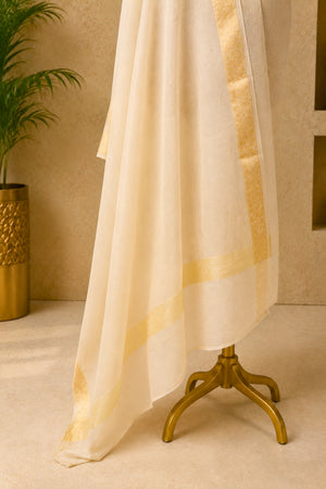 Off-White Moonga Silk Dupatta with Gold Banarasi Zari Border by Label Tamanna