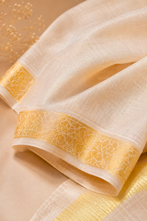 Off-White Moonga Silk Dupatta with Gold Banarasi Zari Border by Label Tamanna