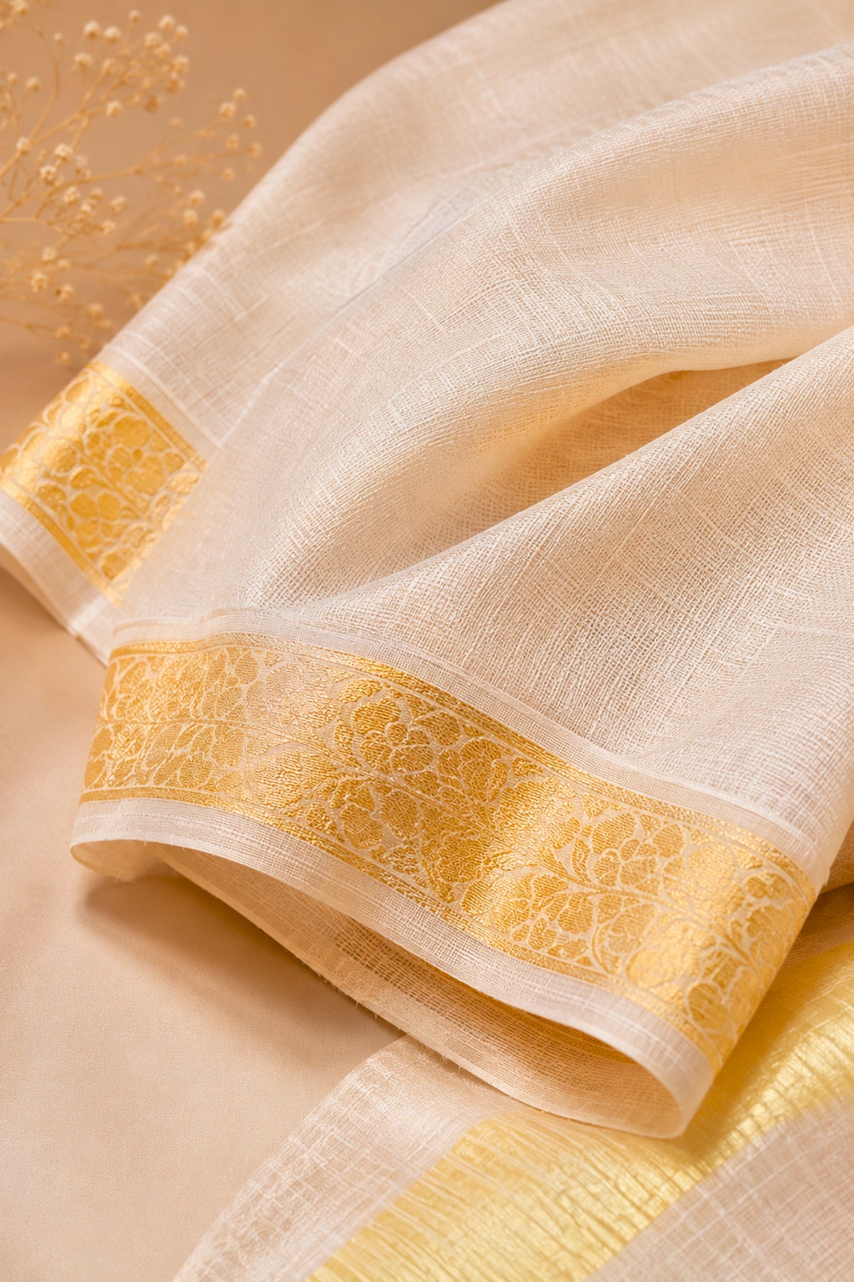 Off-White Moonga Silk Dupatta with Gold Banarasi Zari Border by Label Tamanna