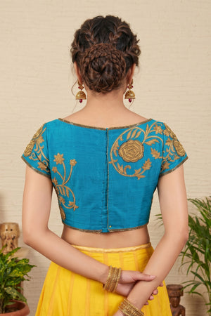Peacock Blue Raw Silk Blouse with Gold Floral Zardozi Embroidery