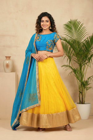 Vibrant Turquoise Blue & Yellow Embroidered Lehenga Set