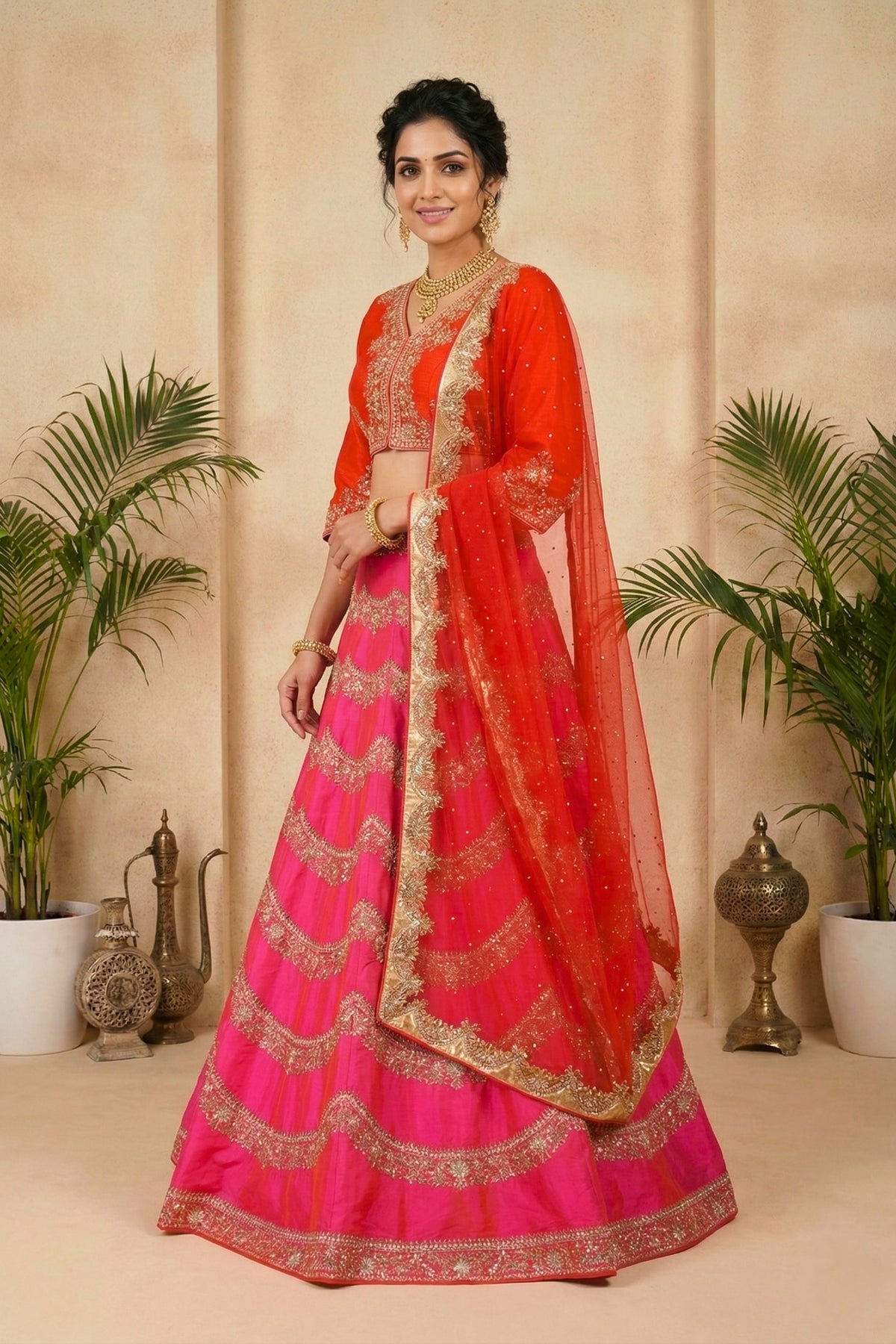 Vibrant Fuchsia Pink and Red Silk Lehenga with Scalloped Embroidery