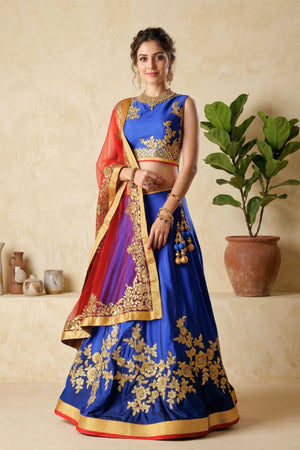 Royal Blue Silk Lehenga with Gold Embroidery and Contrast Red Dupatta