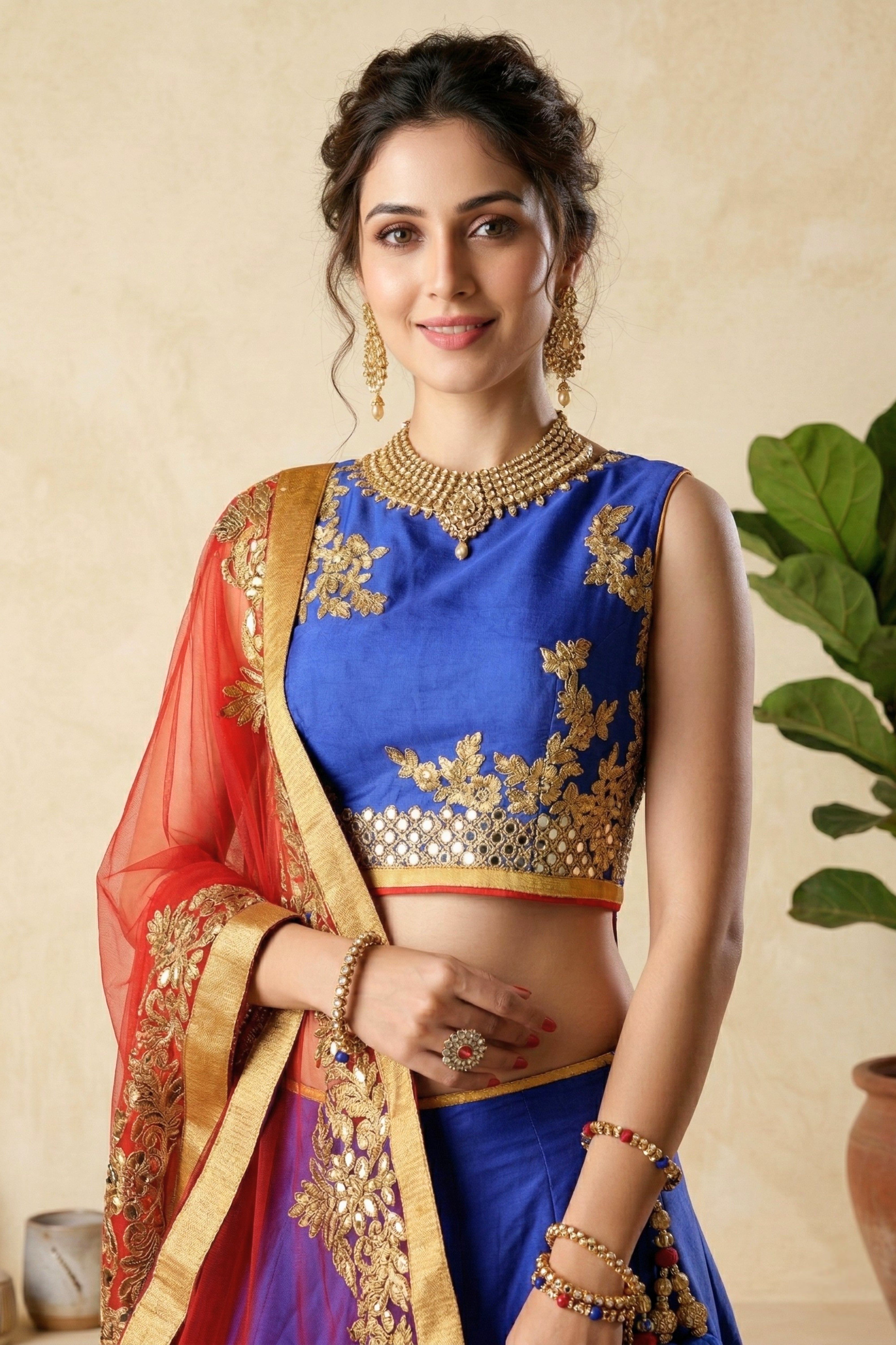 Royal Blue Silk Lehenga with Gold Embroidery and Contrast Red Dupatta