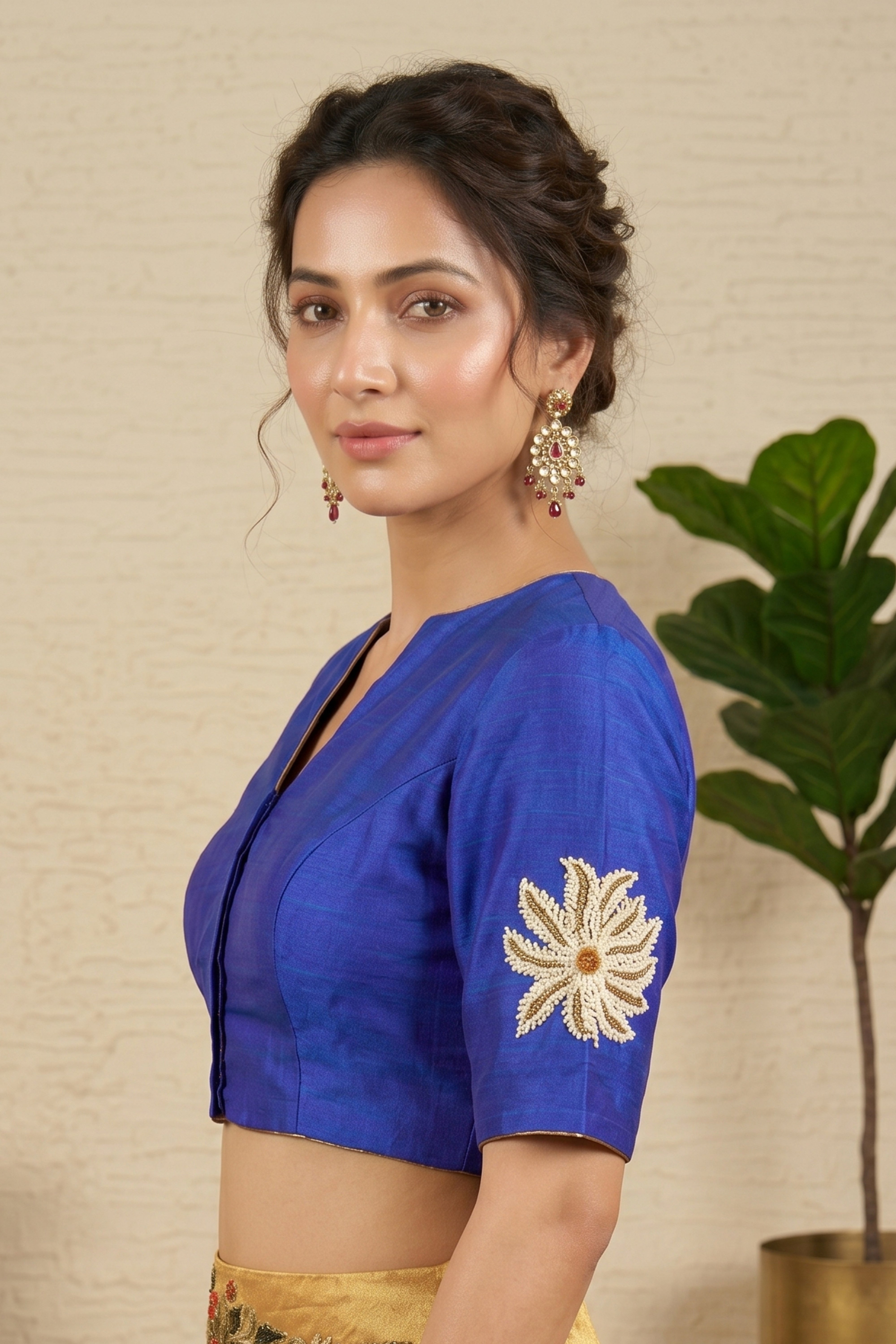 Royal Blue Raw Silk Blouse with Beaded Starburst Floral Embroidery