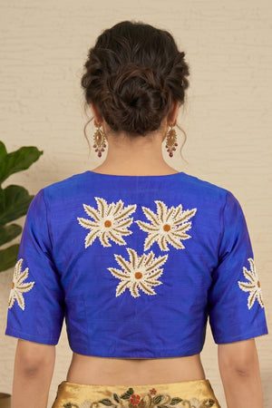Royal Blue Raw Silk Blouse with Beaded Starburst Floral Embroidery