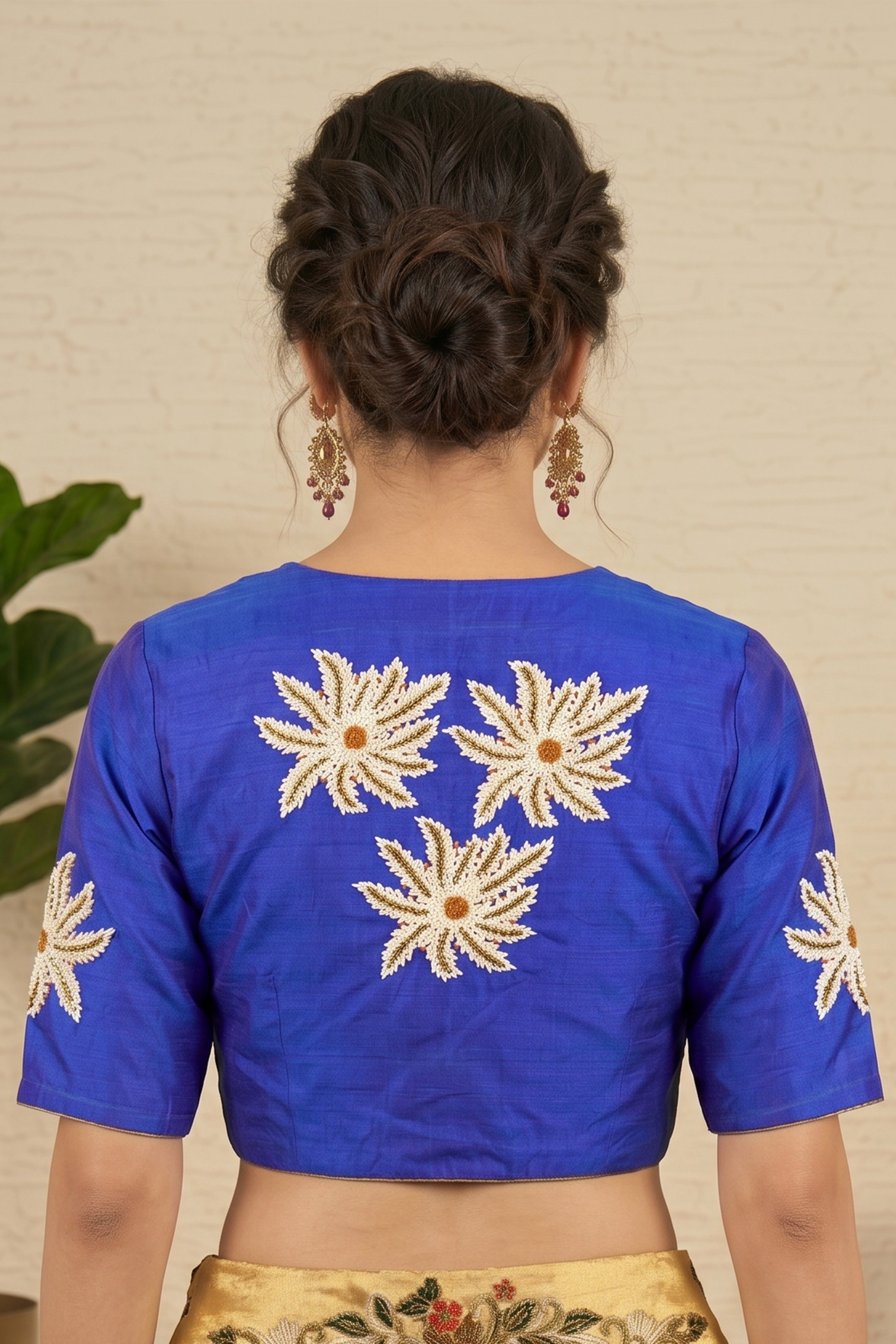 Royal Blue Raw Silk Blouse with Beaded Starburst Floral Embroidery