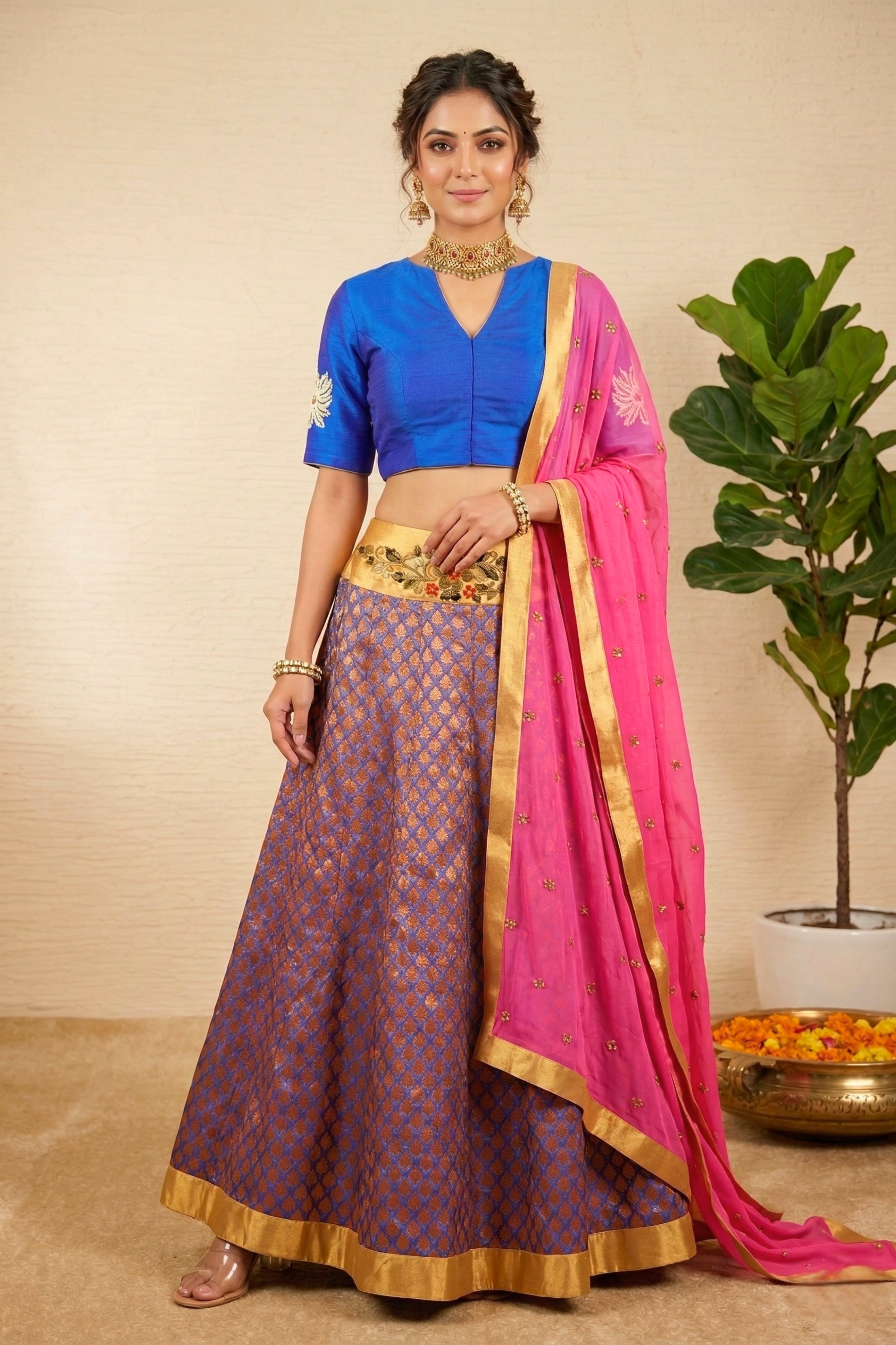Purple Banarasi Silk Lehenga with Blue Silk Blouse and Pink Dupatta