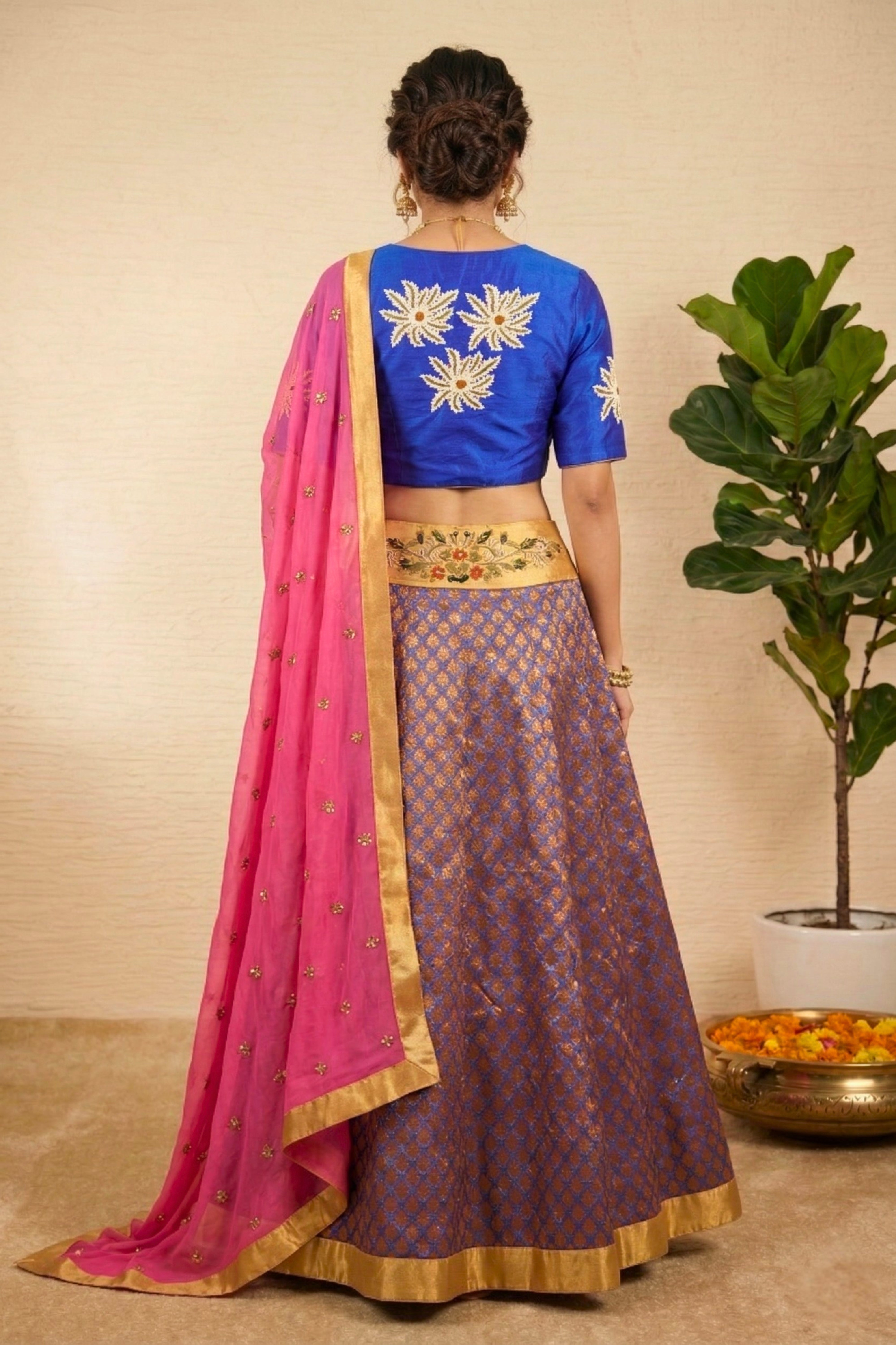 Purple Banarasi Silk Lehenga with Blue Silk Blouse and Pink Dupatta