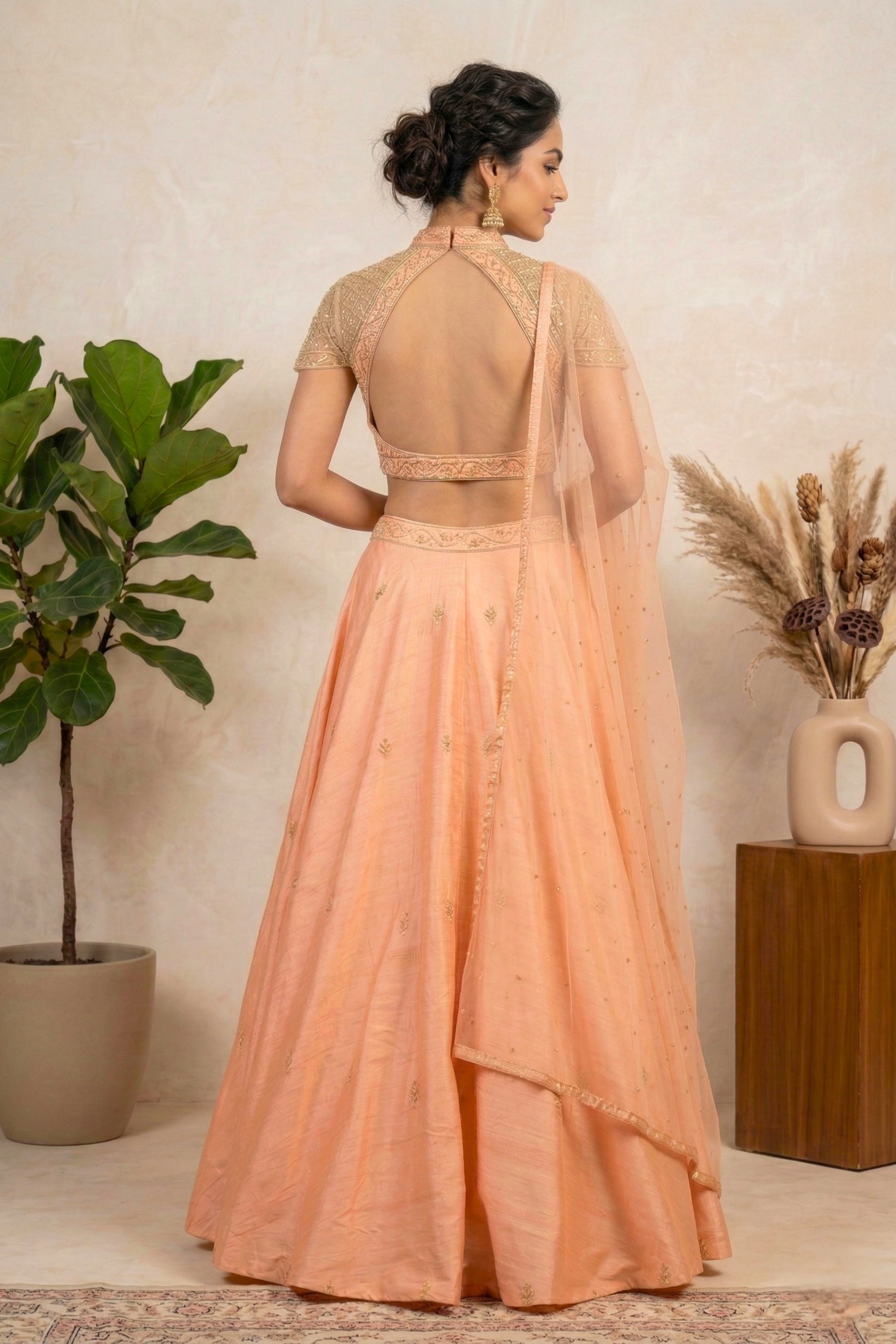 Pastel Peach Silk Lehenga Set with Embroidered High-Neck Choli