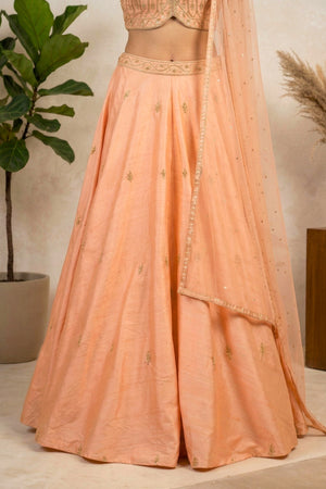 Pastel Peach Silk Lehenga Set with Embroidered High-Neck Choli