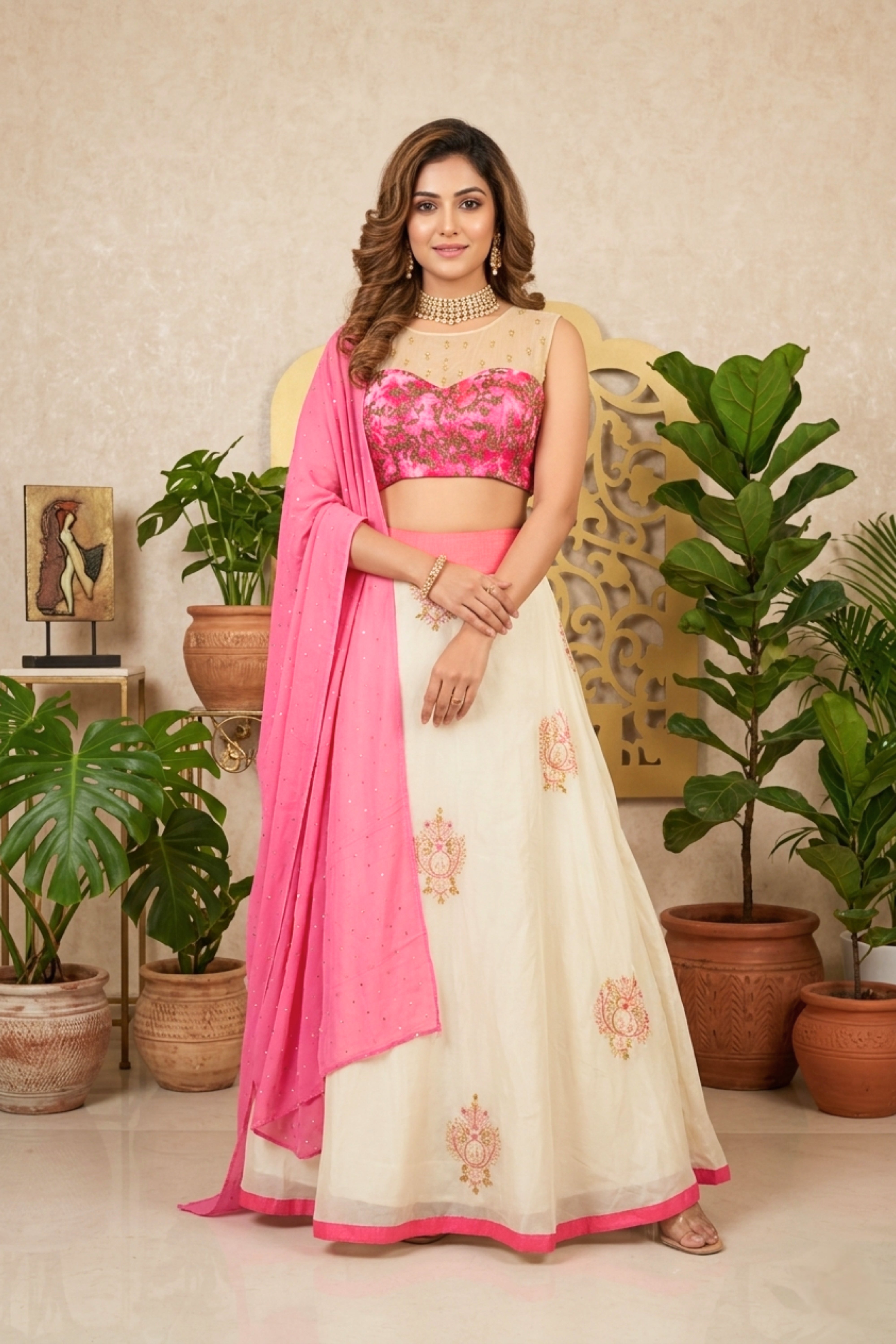 Ivory Organza Lehenga with Embroidered Pink Velvet Illusion Blouse