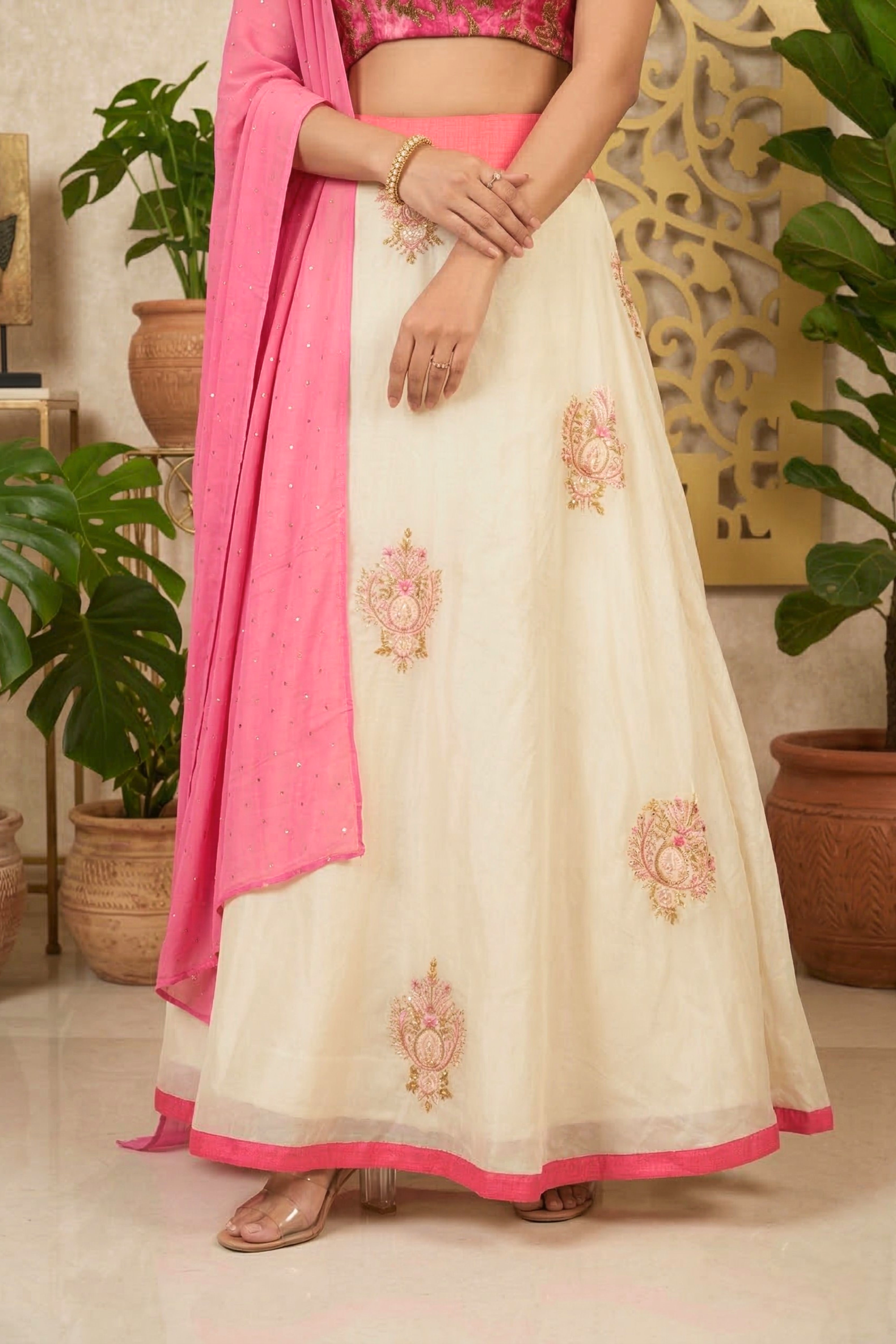 Ivory Organza Lehenga with Embroidered Pink Velvet Illusion Blouse