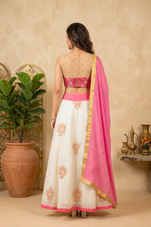 Ivory Organza Lehenga with Embroidered Pink Velvet Illusion Blouse
