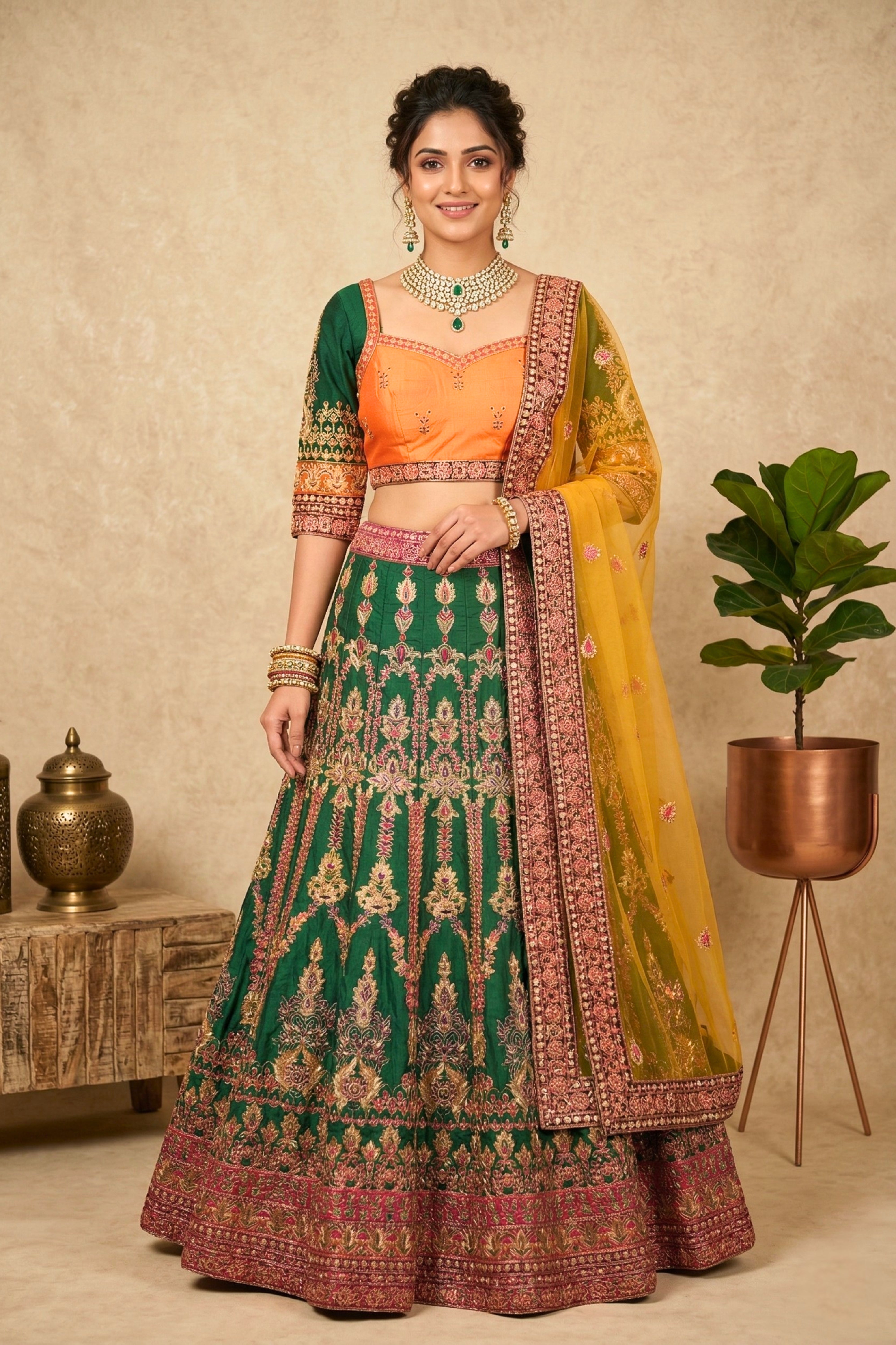 Haldi and green fine zari work fishcut lehenga