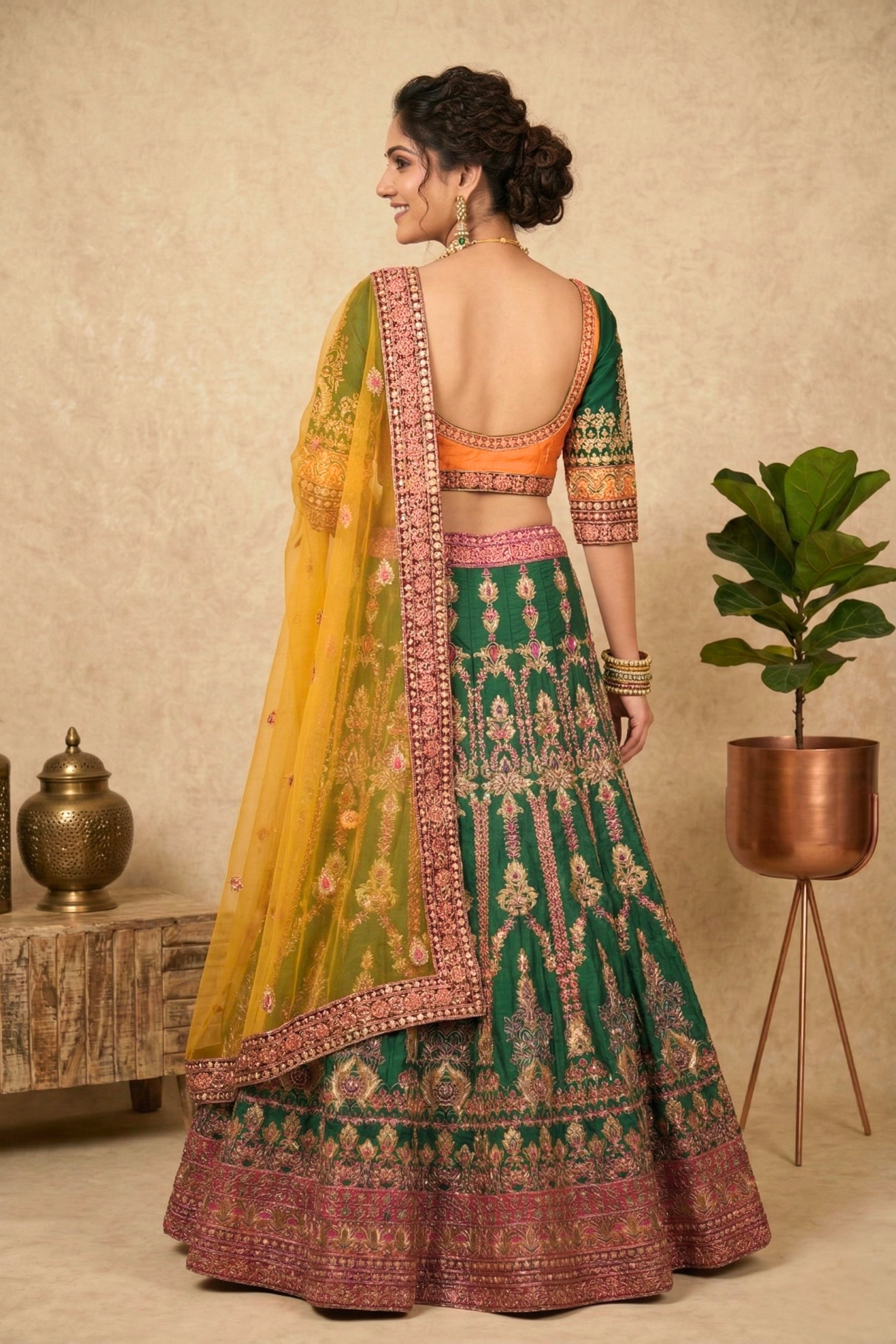 Haldi and green fine zari work fishcut lehenga