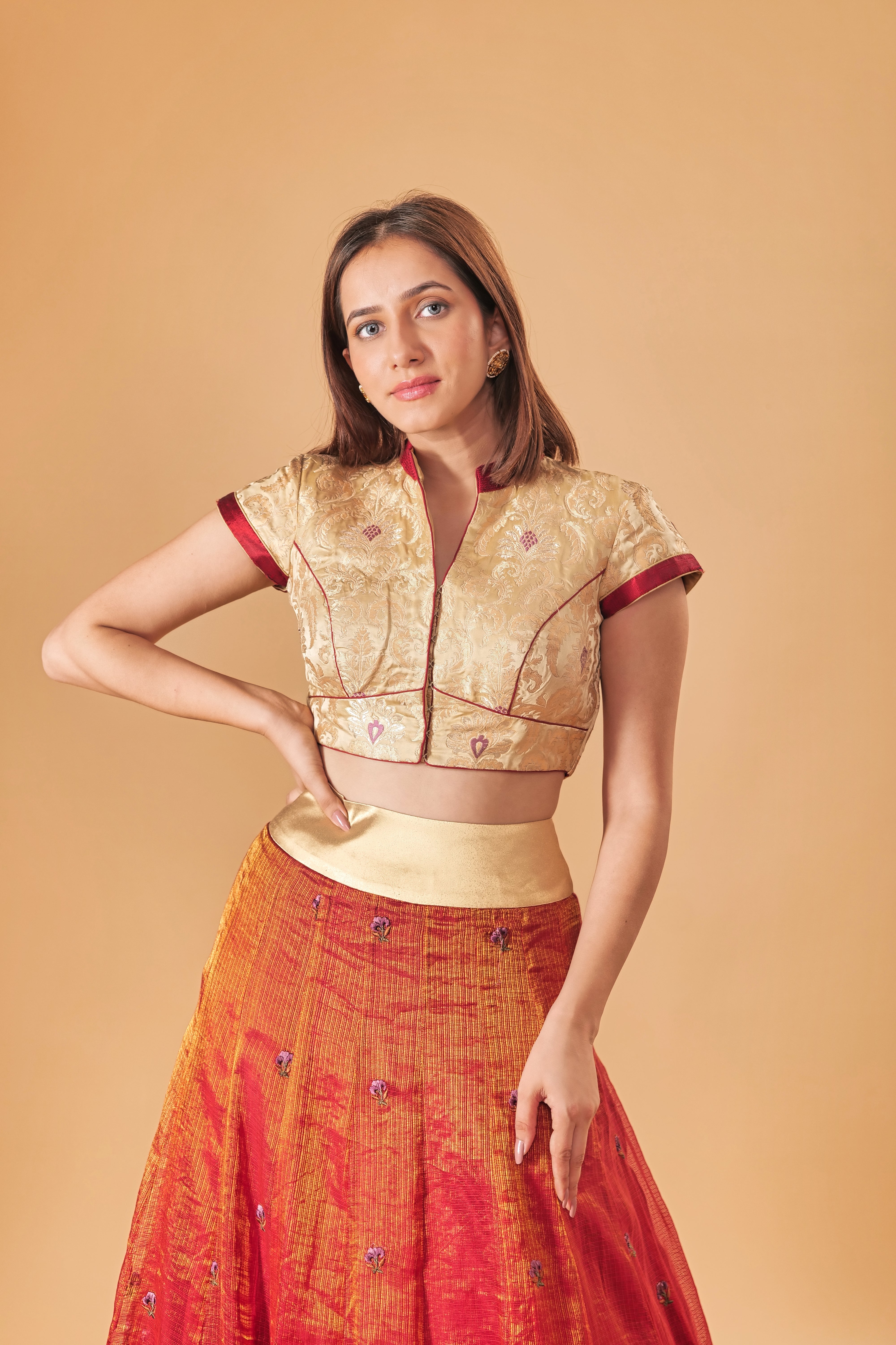 Regal Gold Kin khaab Brocade Blouse with Mandarin Collar