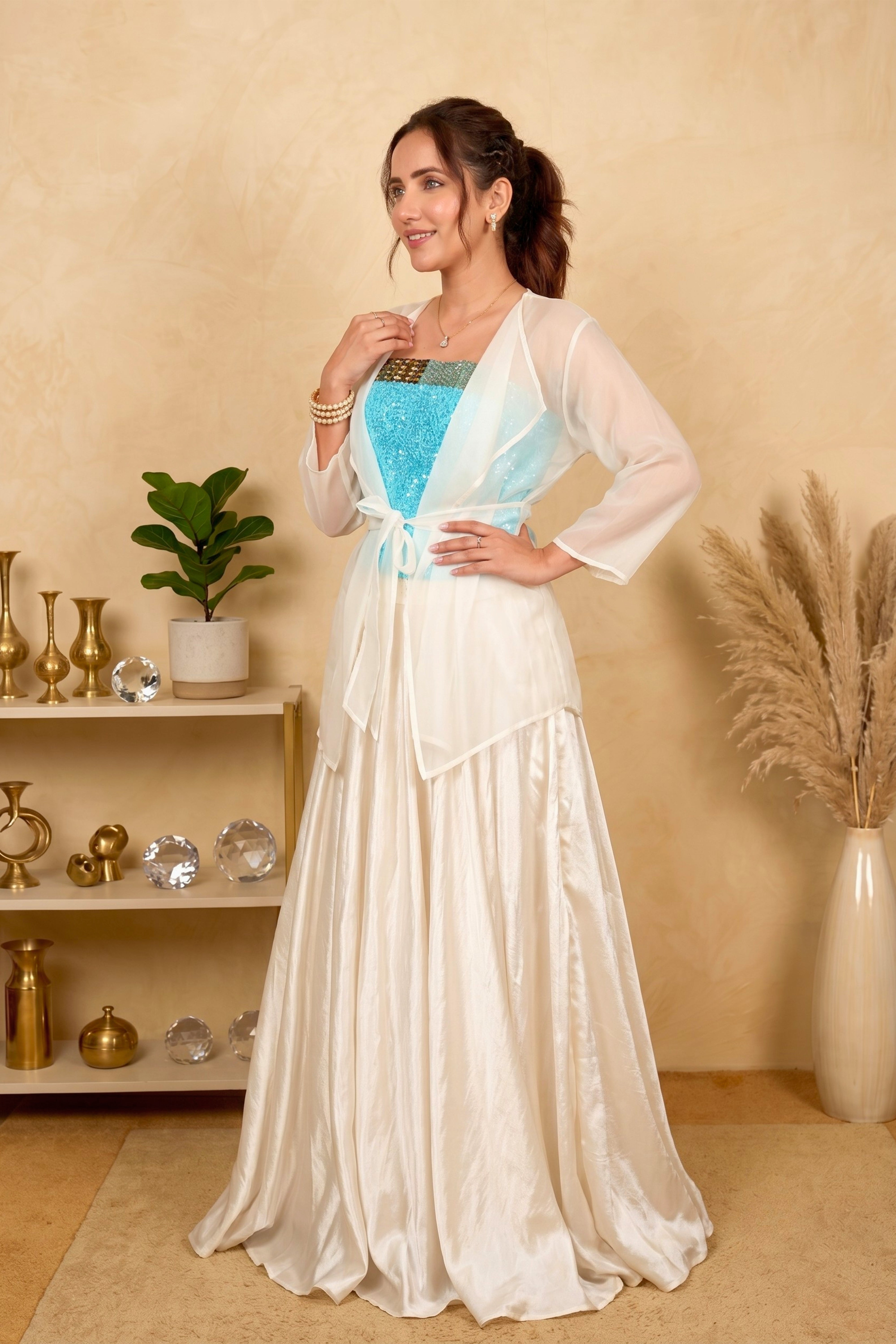 Blue and white blouse skirt and shrug set