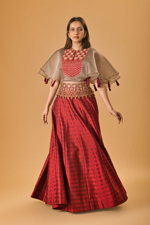Contemporary Maroon Silk Indo-Western Lehenga with Embellished Cape Blouse