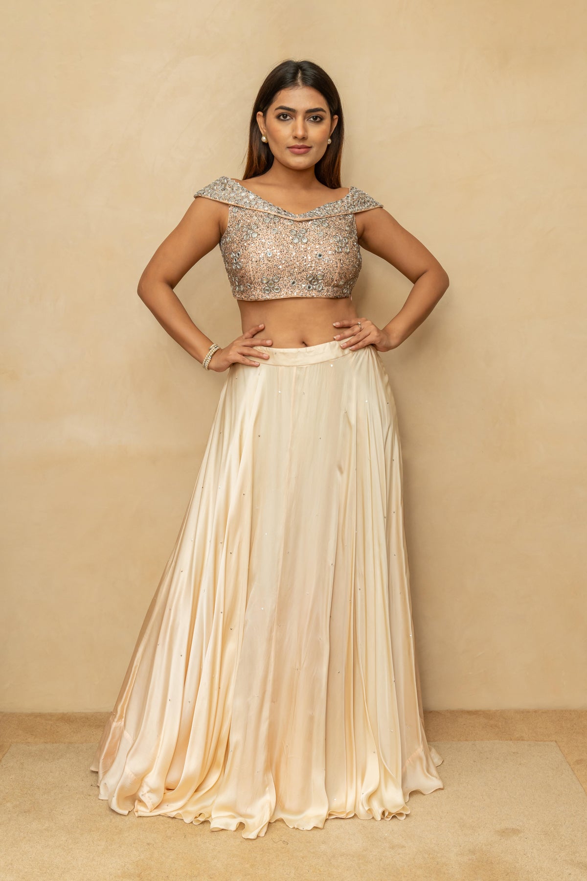 Champagne Peach Satin Silk Lehenga Set with Chunky Mirror-Work Off-Shoulder Blouse