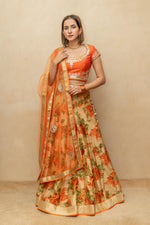 Vibrant Orange Mirror-Work Blouse with Floral Print Silk Lehenga