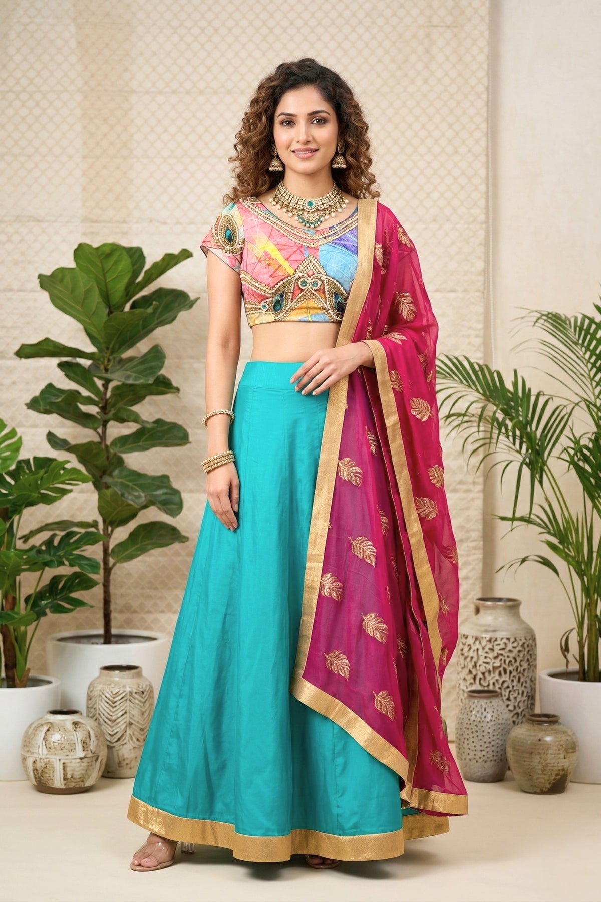 Vibrant Turquoise Silk Lehenga Set with Multi-Color Pearl Embellished Blouse & Magenta Dupatta
