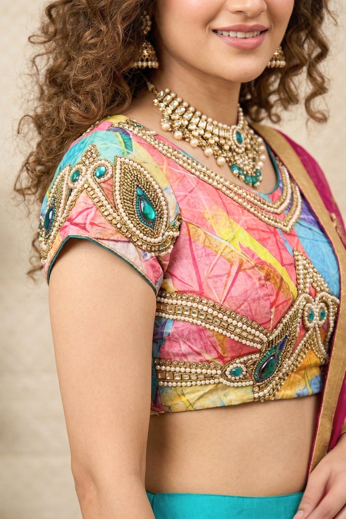 Vibrant Turquoise Silk Lehenga Set with Multi-Color Pearl Embellished Blouse & Magenta Dupatta