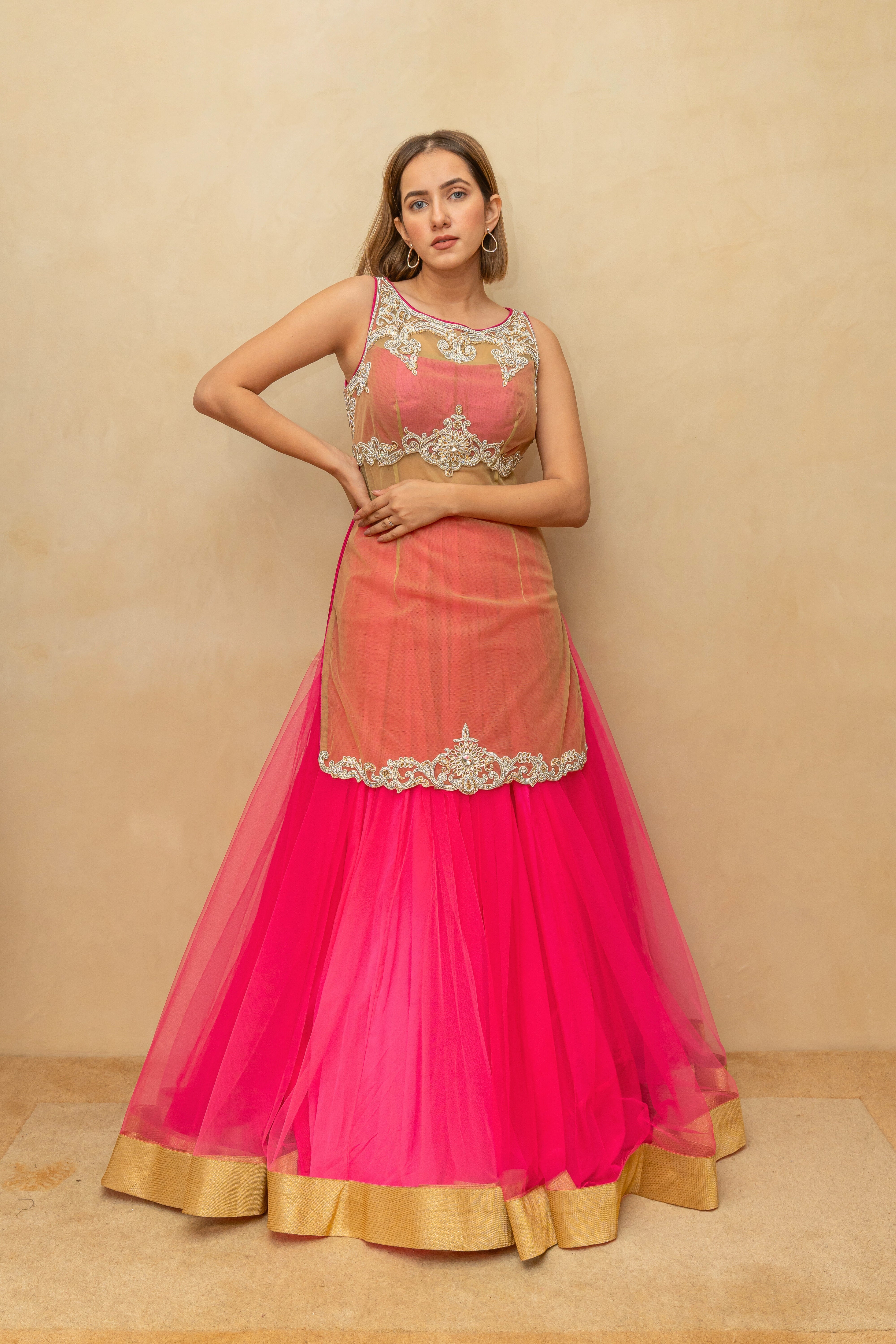 Hot Pink and Gold Sheer Blouse Lehenga Set