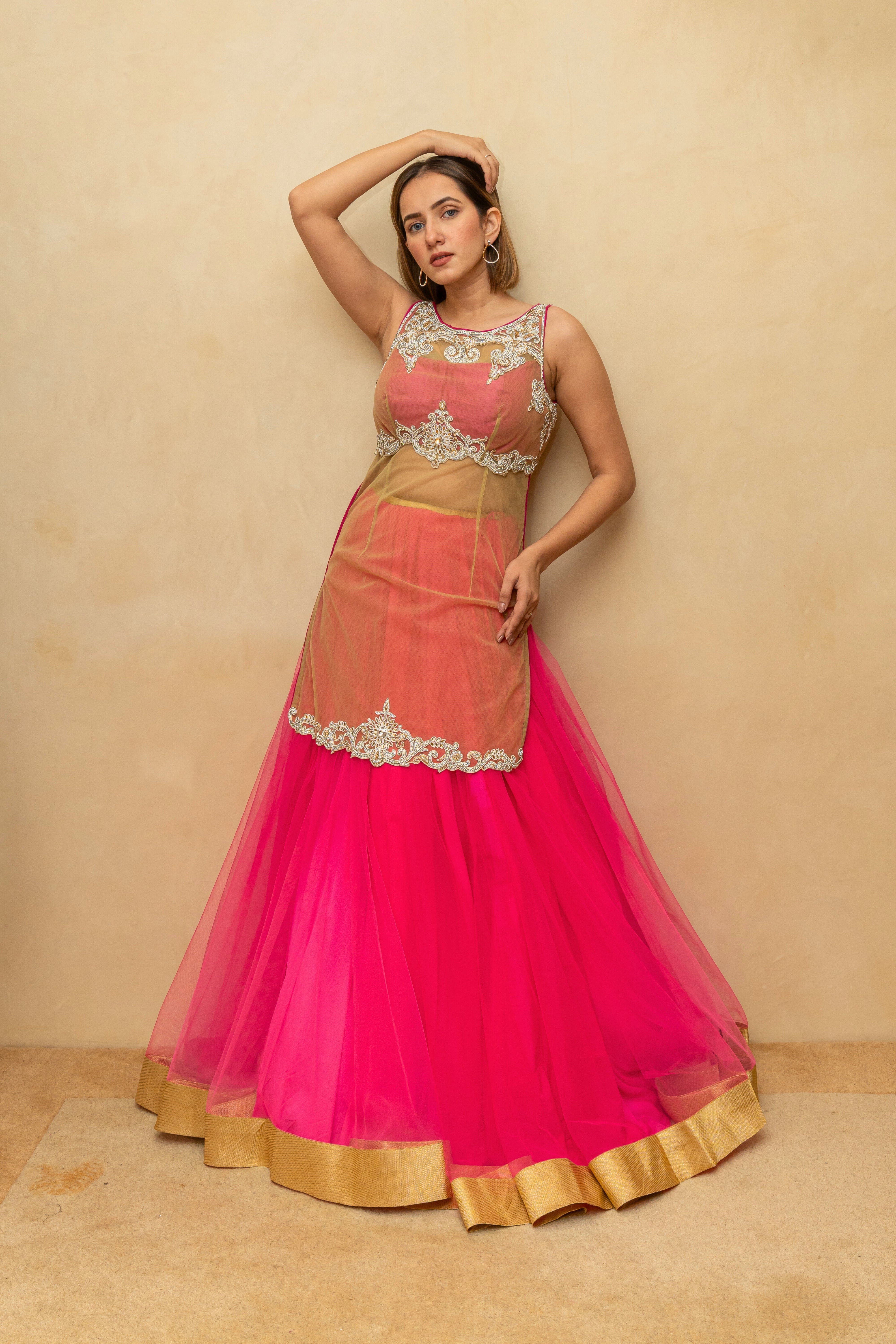 Hot Pink and Gold Sheer Blouse Lehenga Set