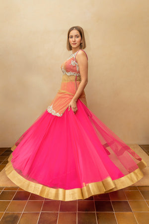 Hot Pink and Gold Sheer Blouse Lehenga Set