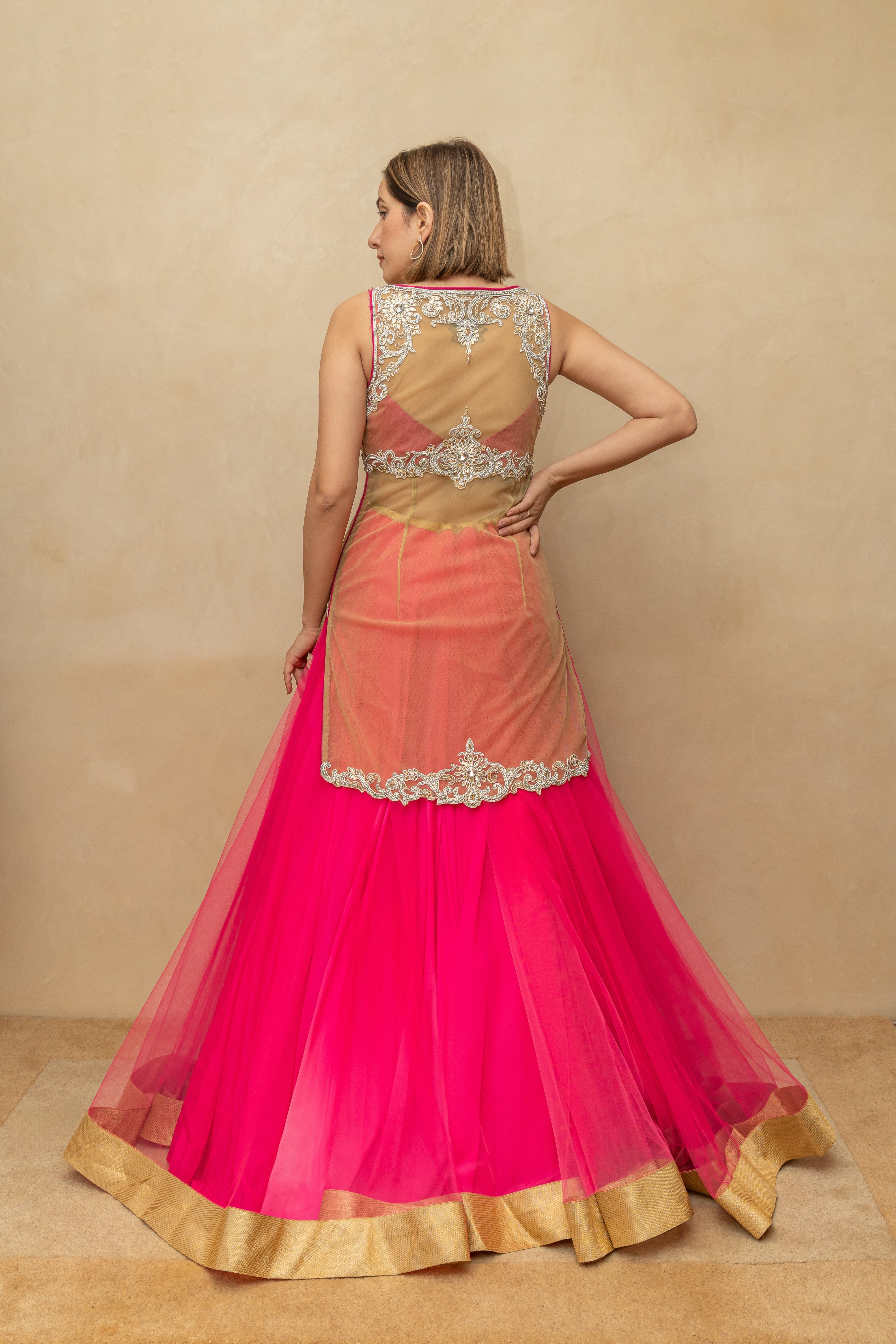 Hot Pink and Gold Sheer Blouse Lehenga Set
