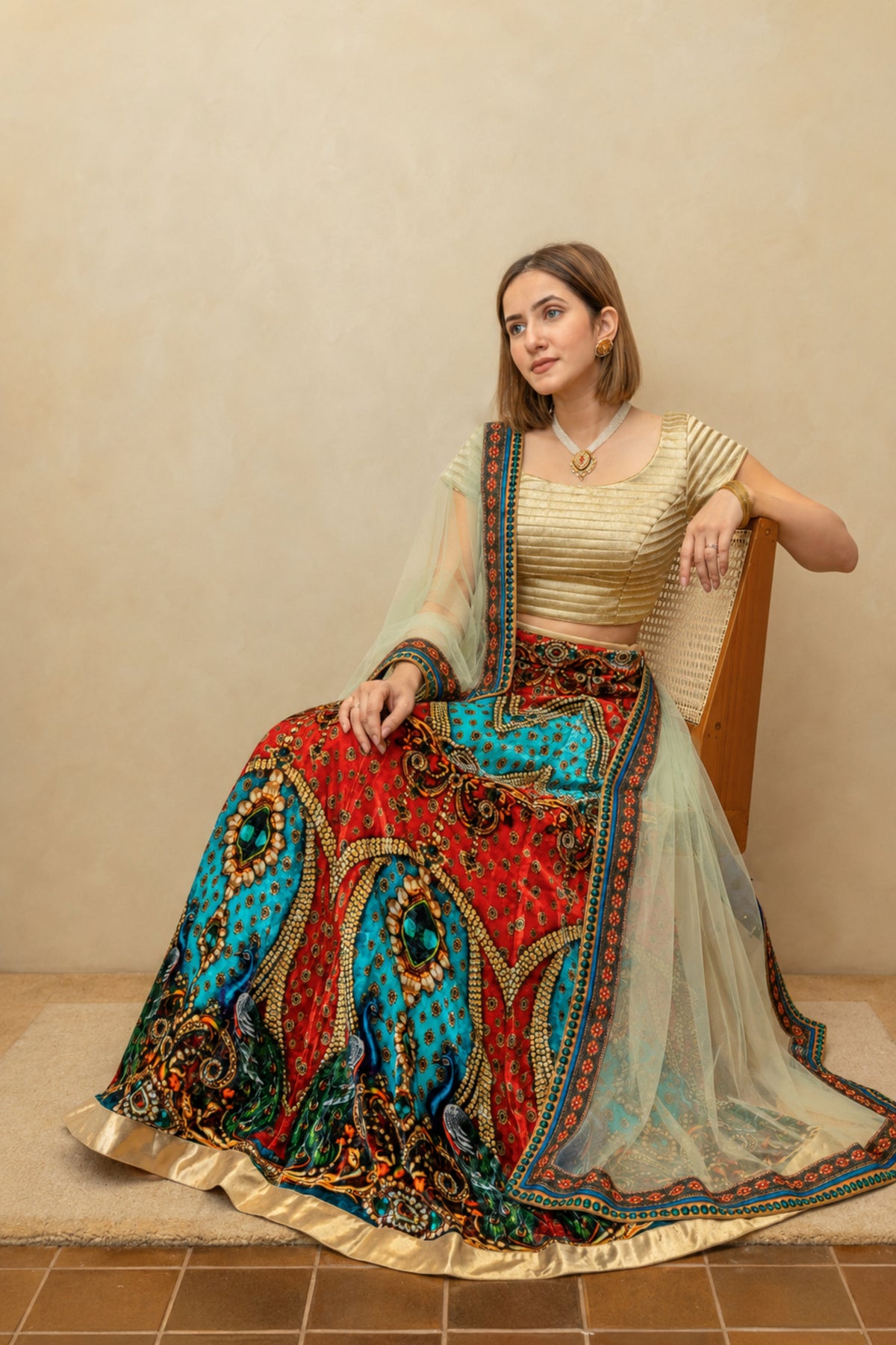 Vibrant Multicolour Digital Print Velvet Lehenga with Textured Gold Blouse