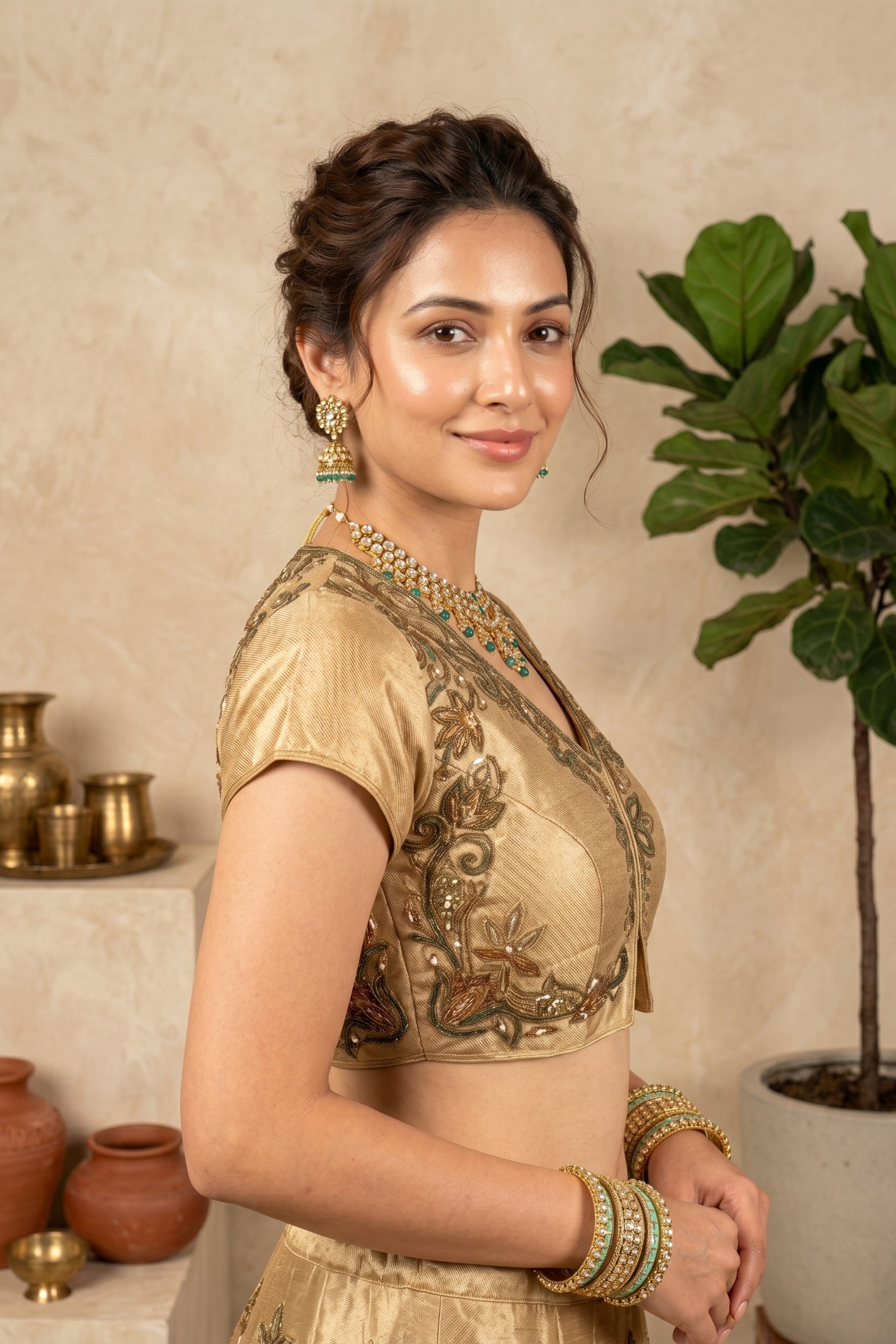 Exquisite Antique Gold Embellished Blouse with Statement Cutout Back