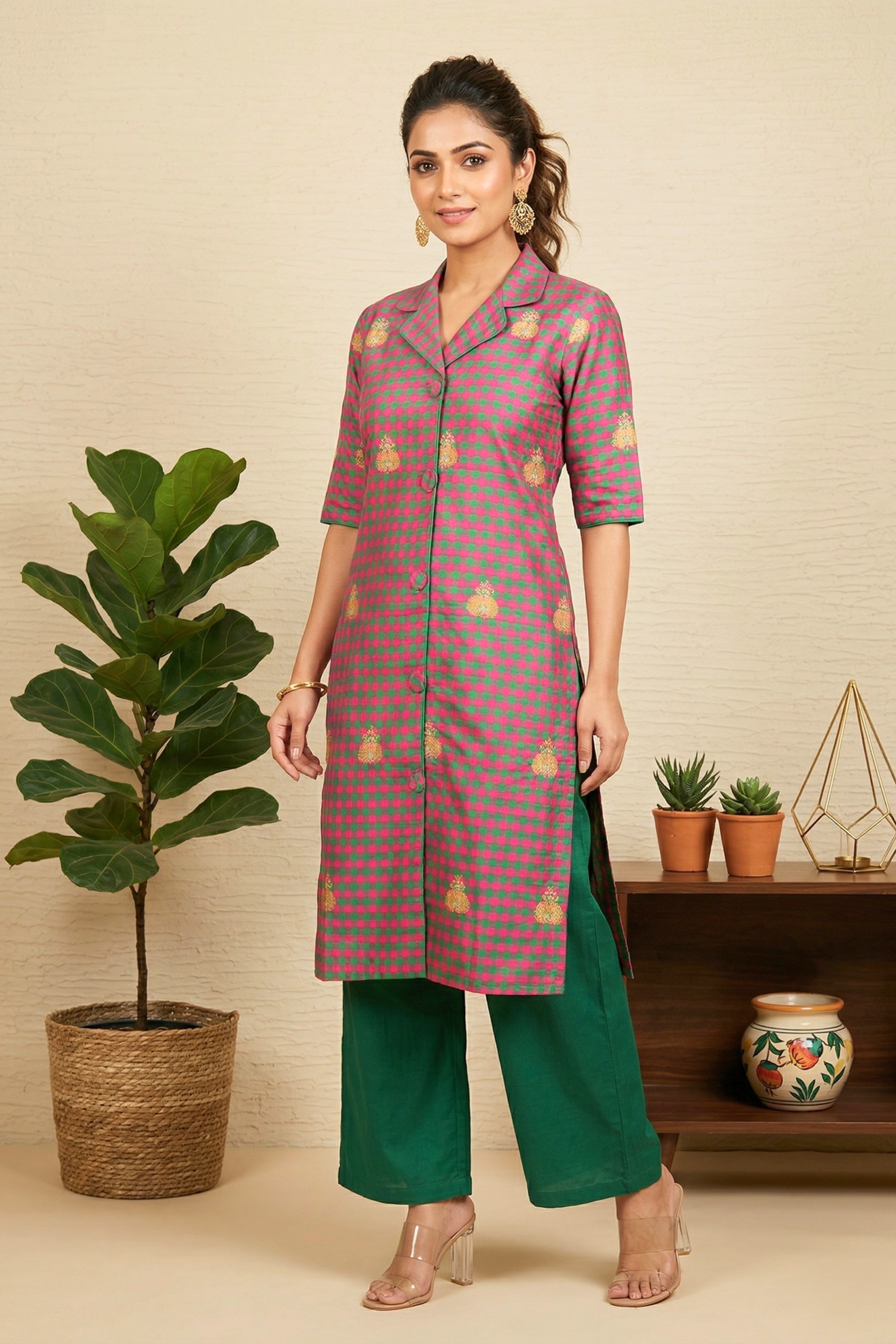 Vibrant Pink & Green Checkered Silk Kurta with Lapel Collar