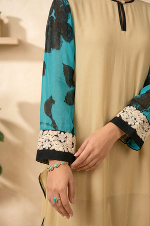 Beige Georgette Asymmetric Kurti with Contrast Turquoise Embroidered Sleeves