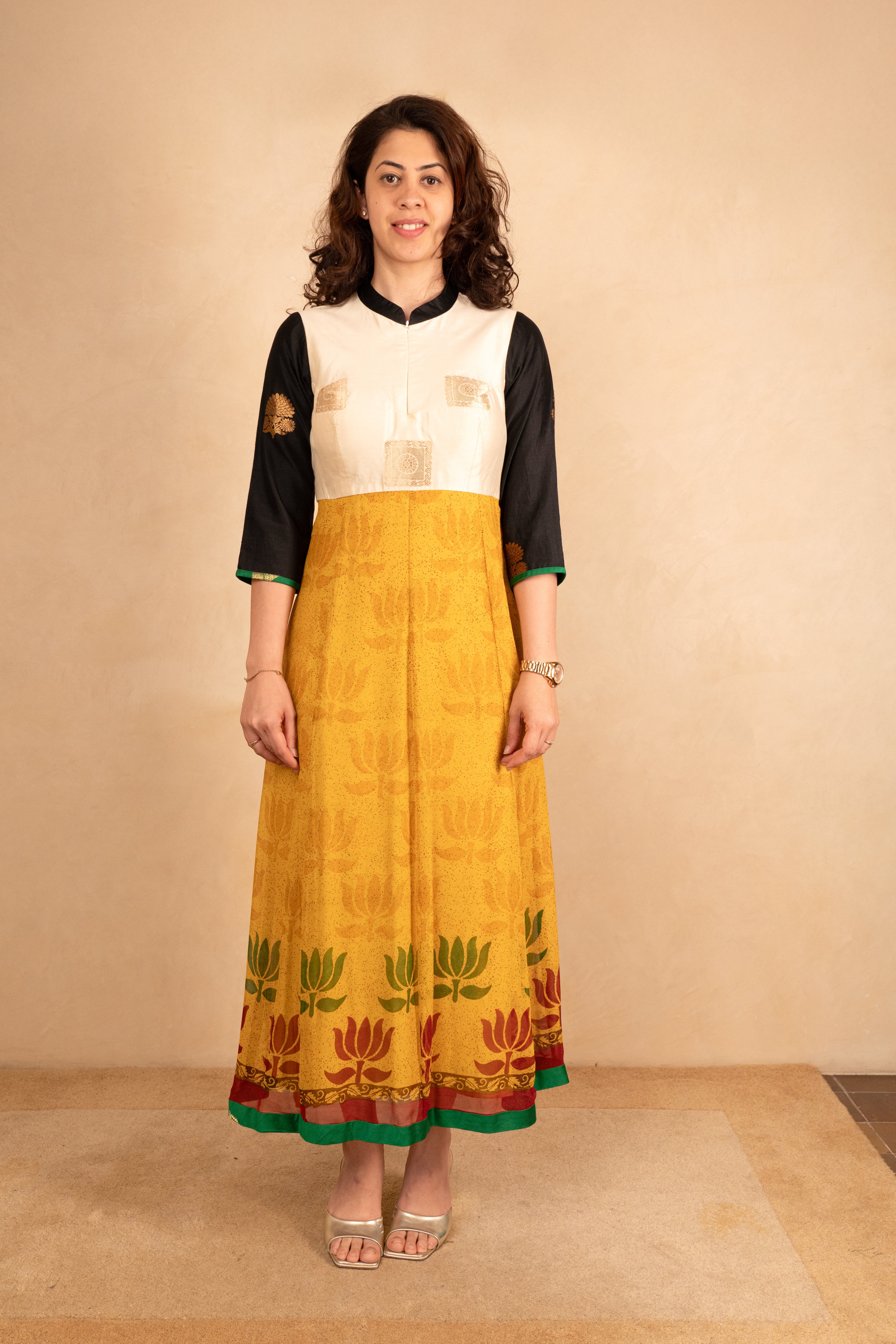 White Banarasi Silk & Mustard Georgette Anarkali Dress
