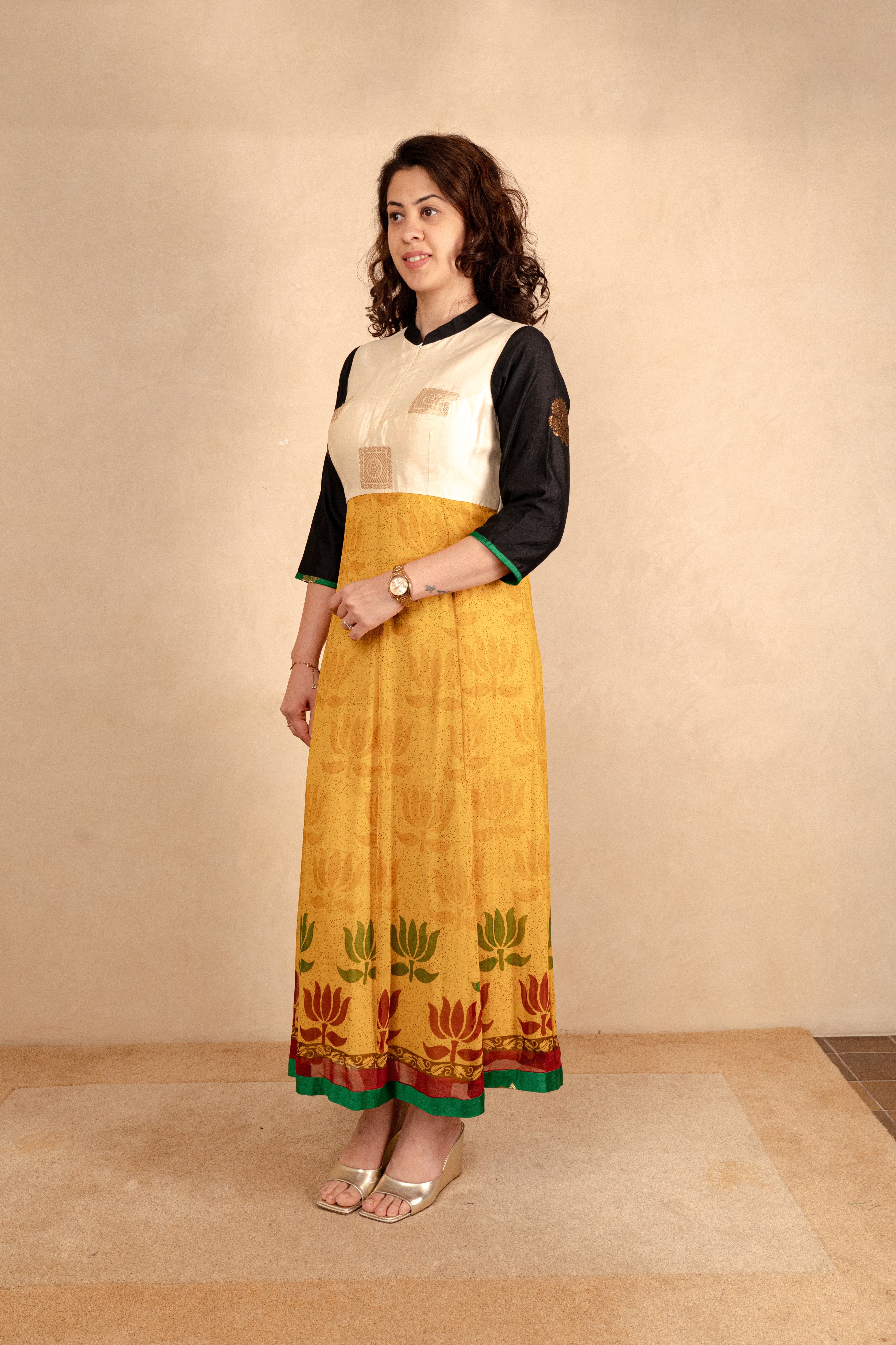 White Banarasi Silk & Mustard Georgette Anarkali Dress