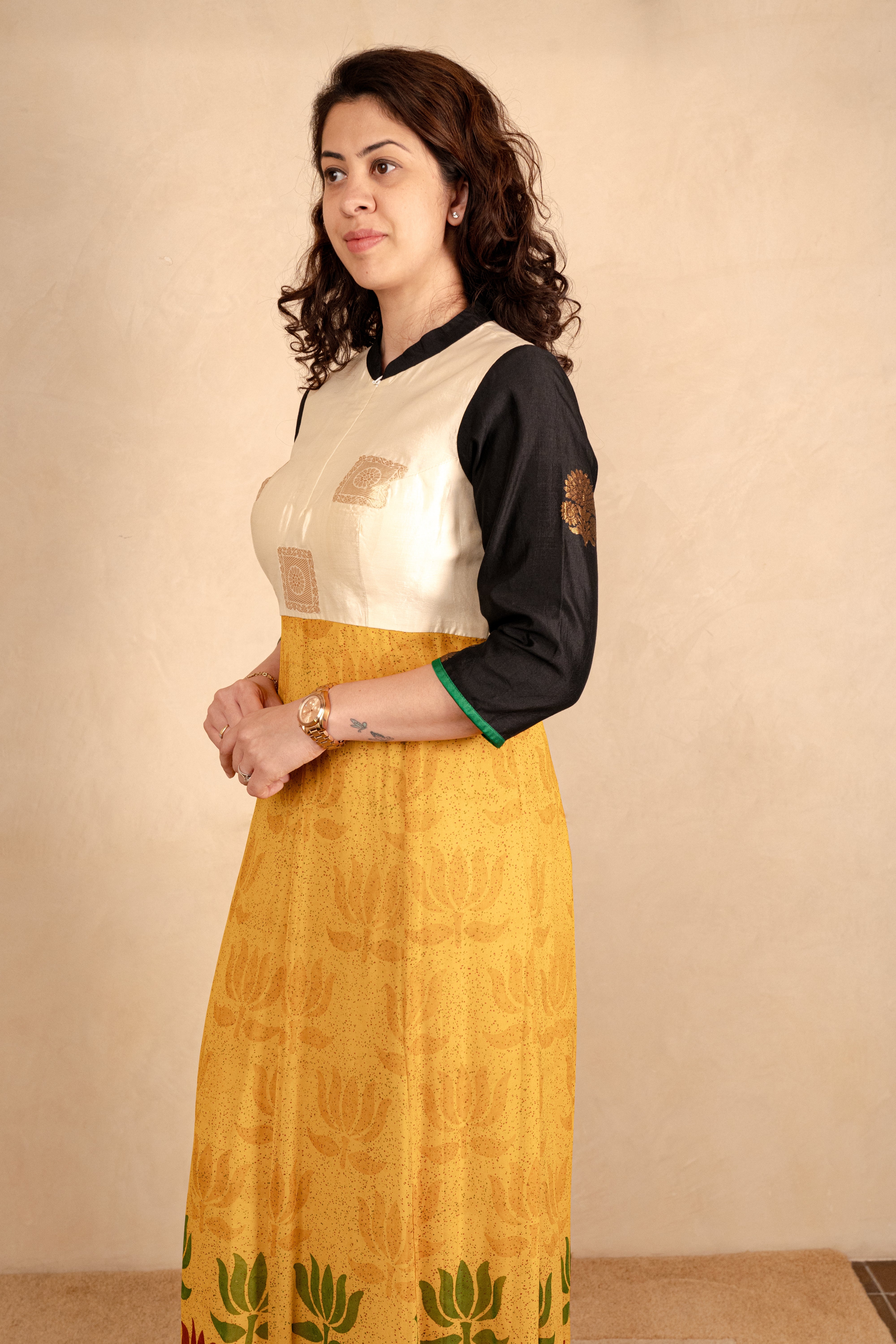 White Banarasi Silk & Mustard Georgette Anarkali Dress
