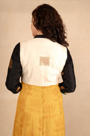 White Banarasi Silk & Mustard Georgette Anarkali Dress