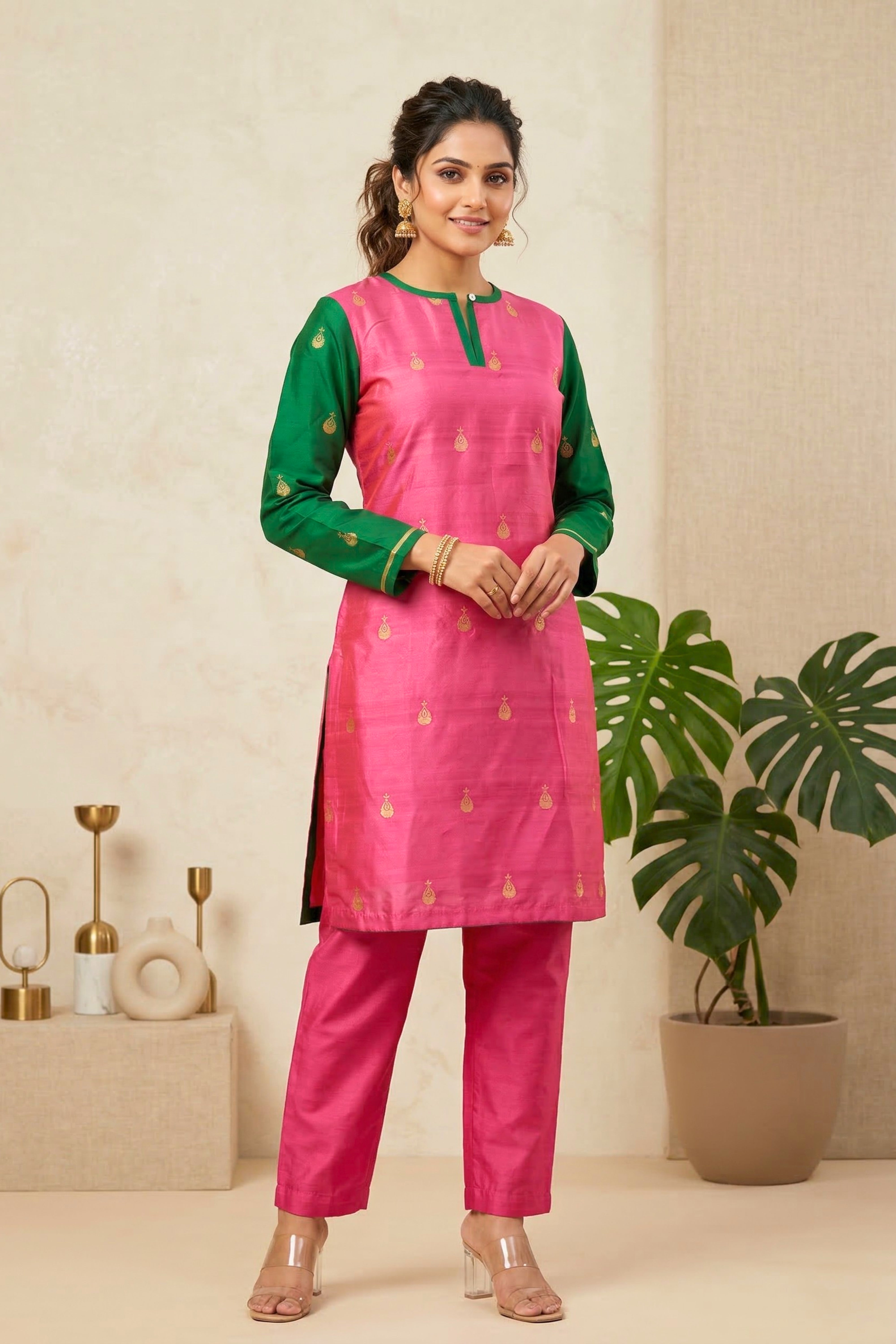 Vibrant Fuchsia Pink and Emerald Green Silk Kurti with Gold Motifs